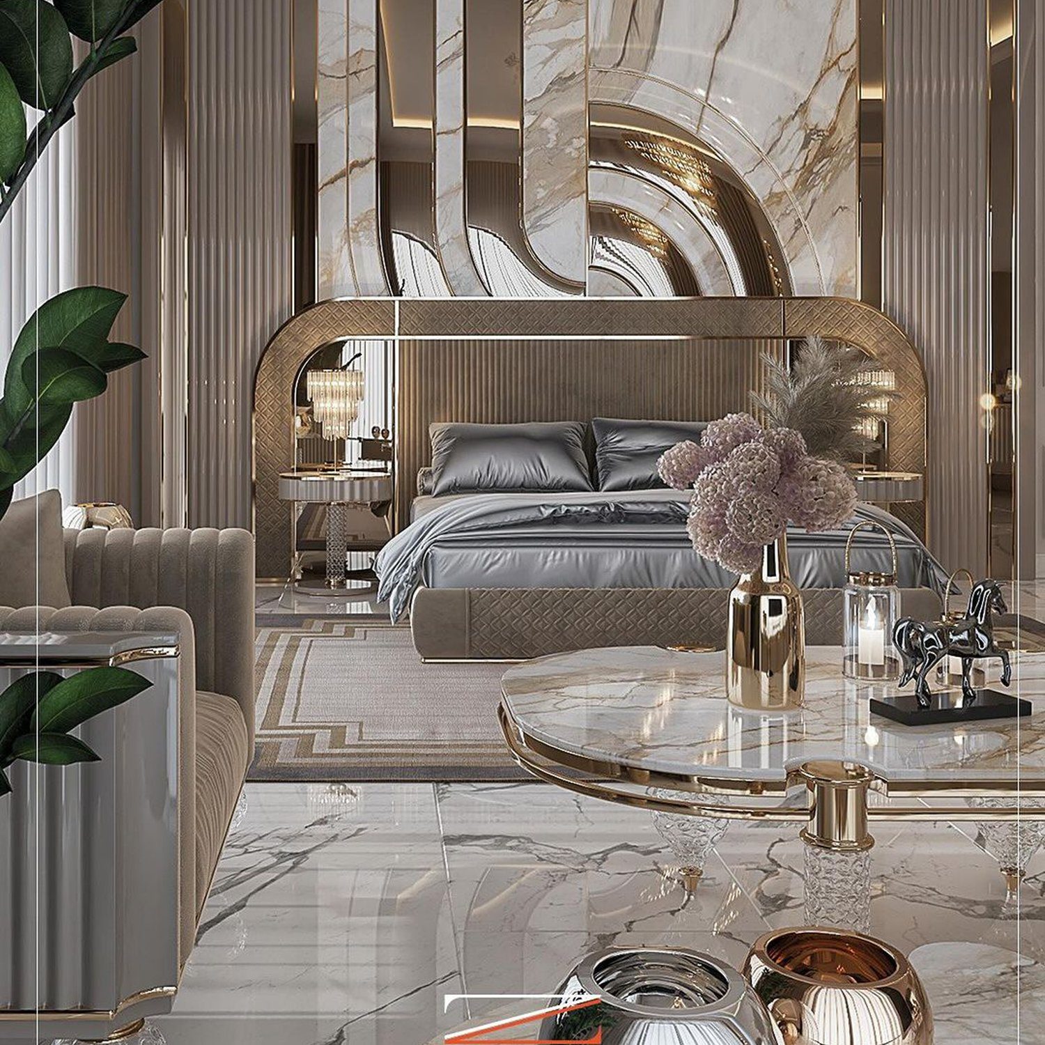 Elegant bedroom design with luxurious marble and golden accents