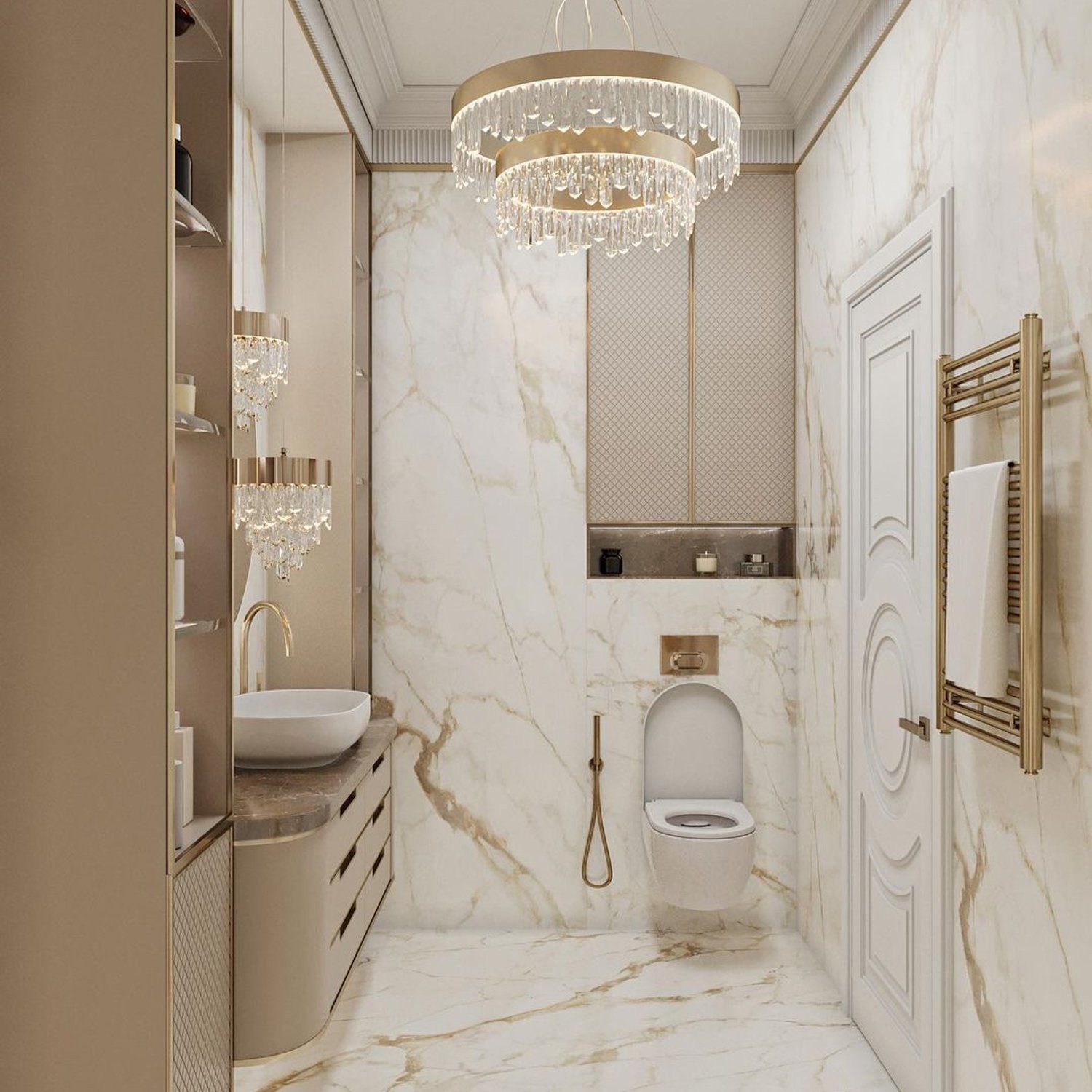 Luxurious marble bathroom with golden accents