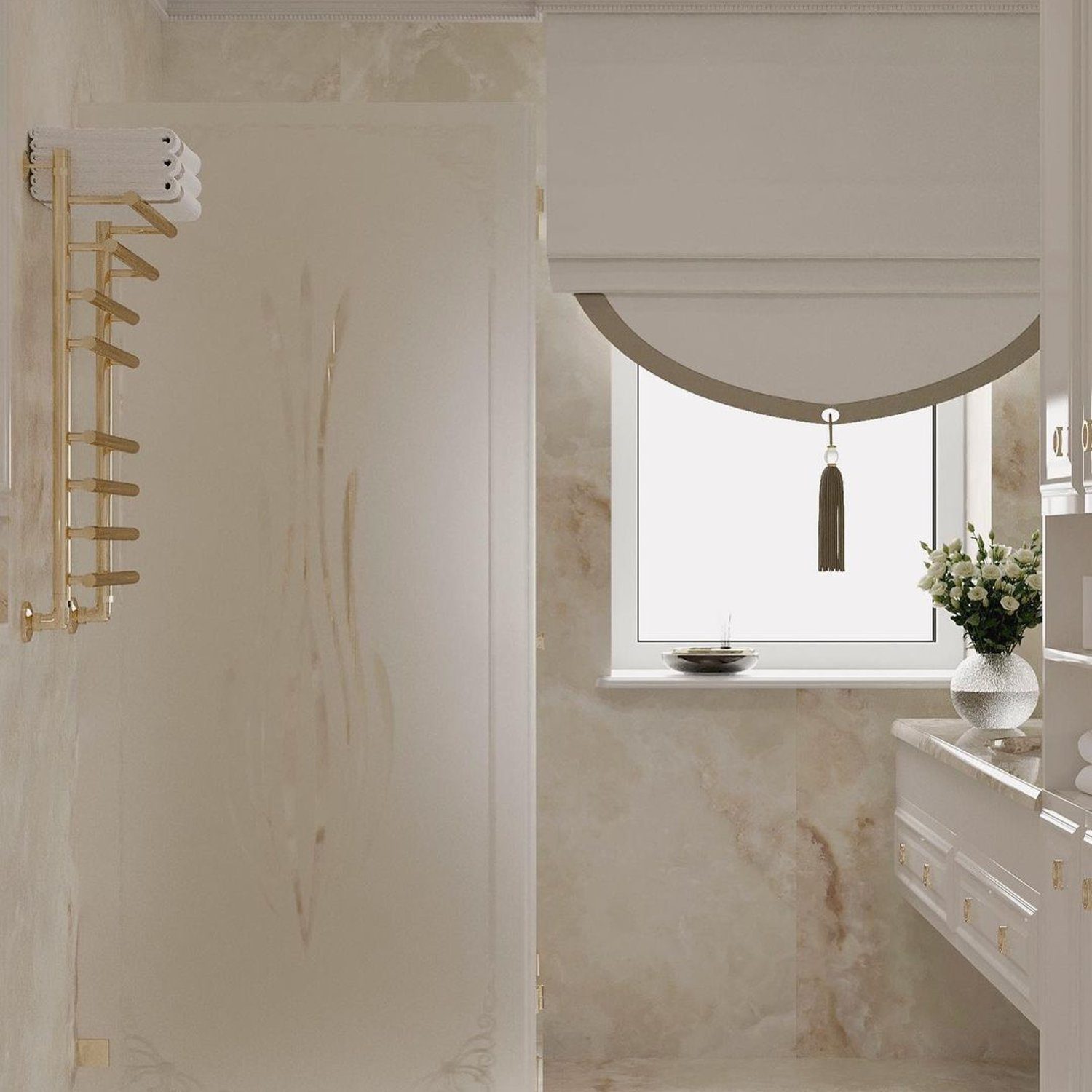 A tastefully designed bathroom featuring marble textures