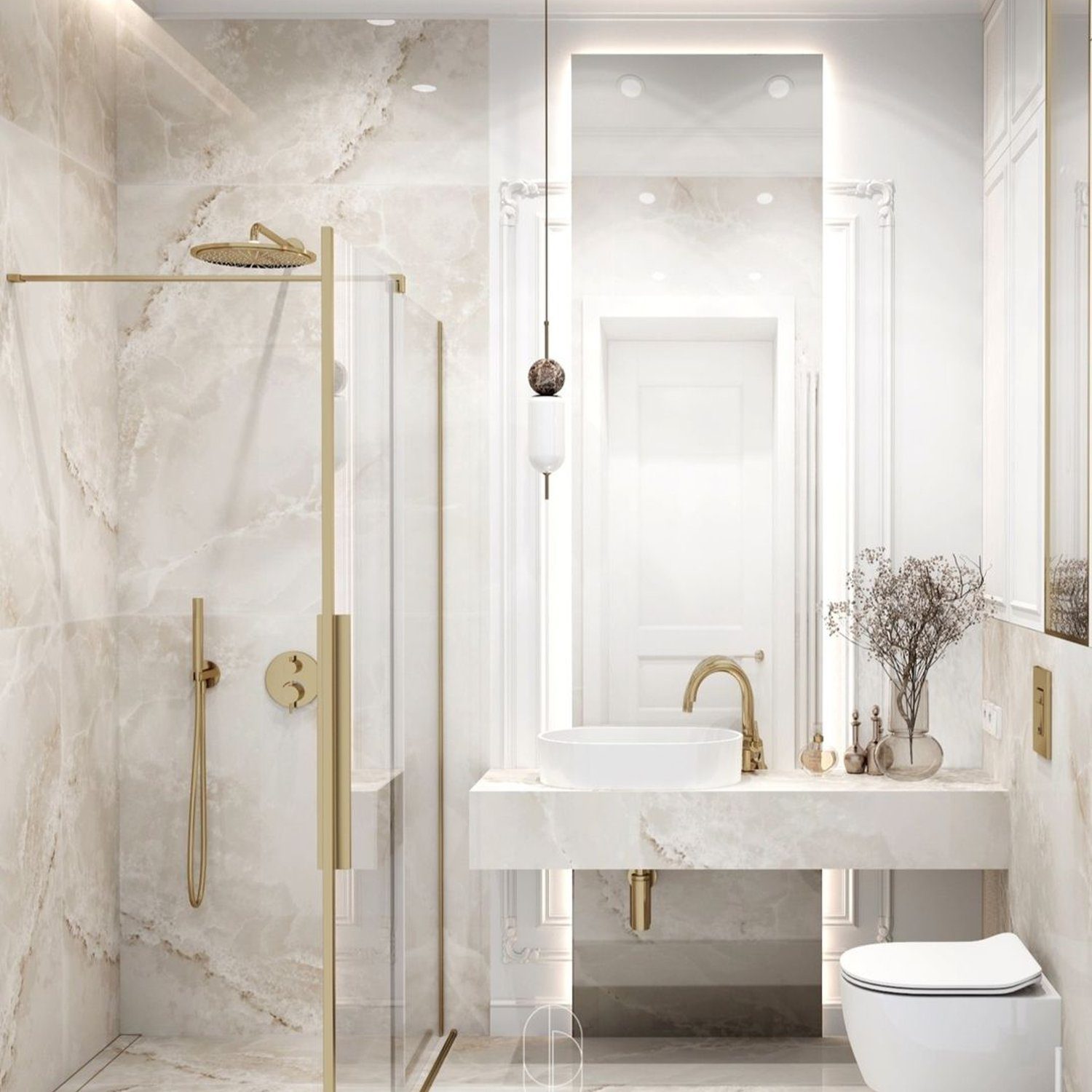 Luxurious marble bathroom with gold accents