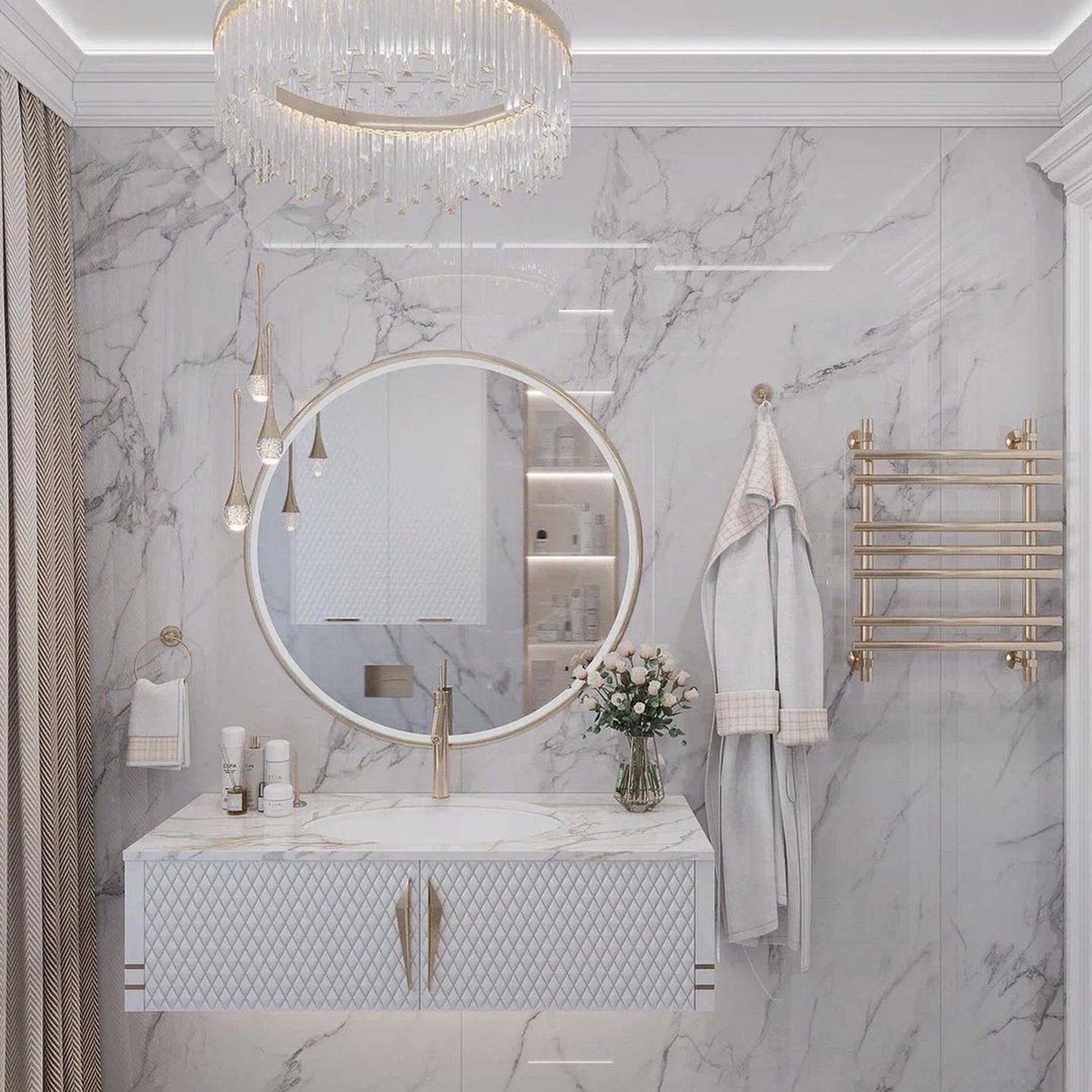 A luxurious bathroom featuring marble walls and floor, with a floating vanity and elegant fixtures.