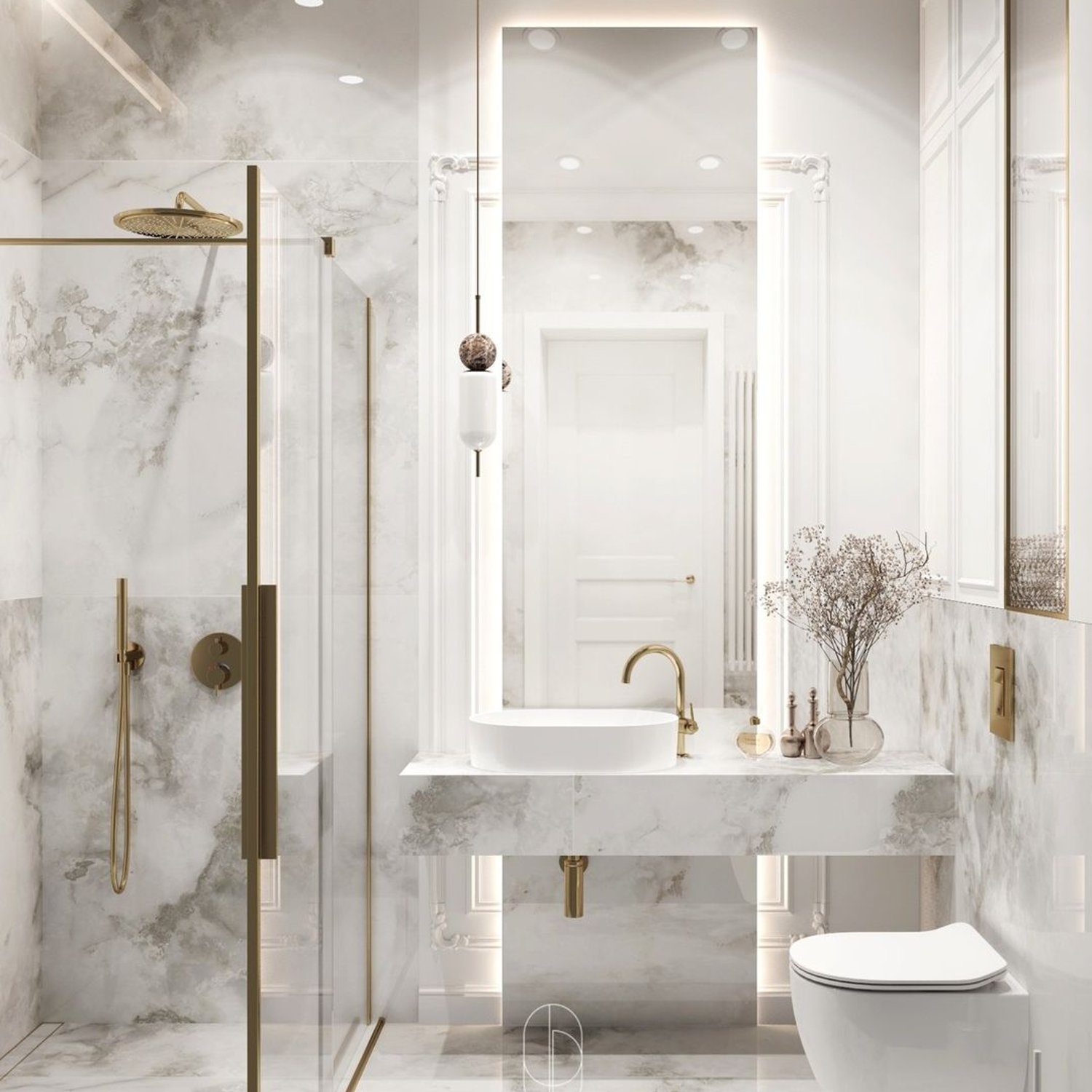 Elegant marble bathroom with golden accents