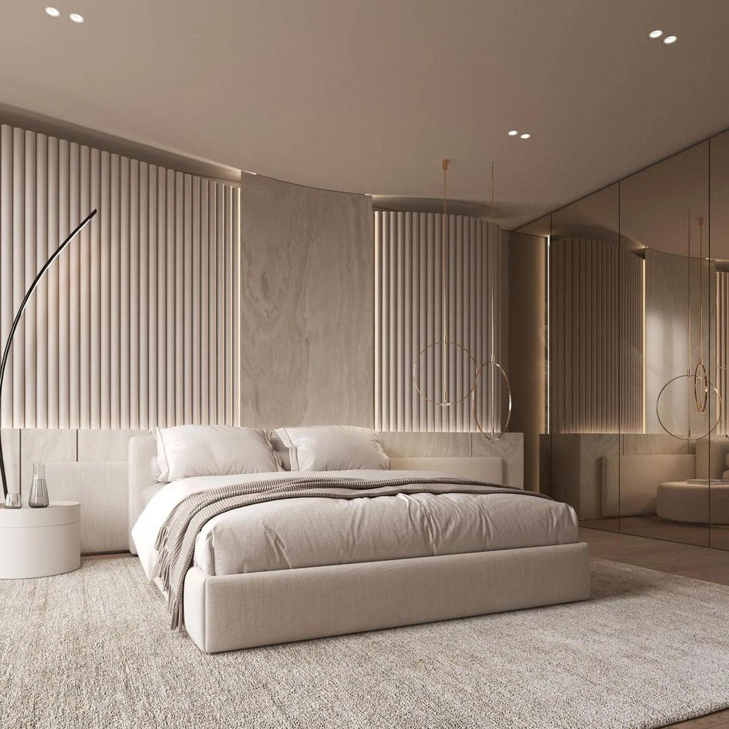 An elegant and minimalist bedroom design with subtle tones and textures