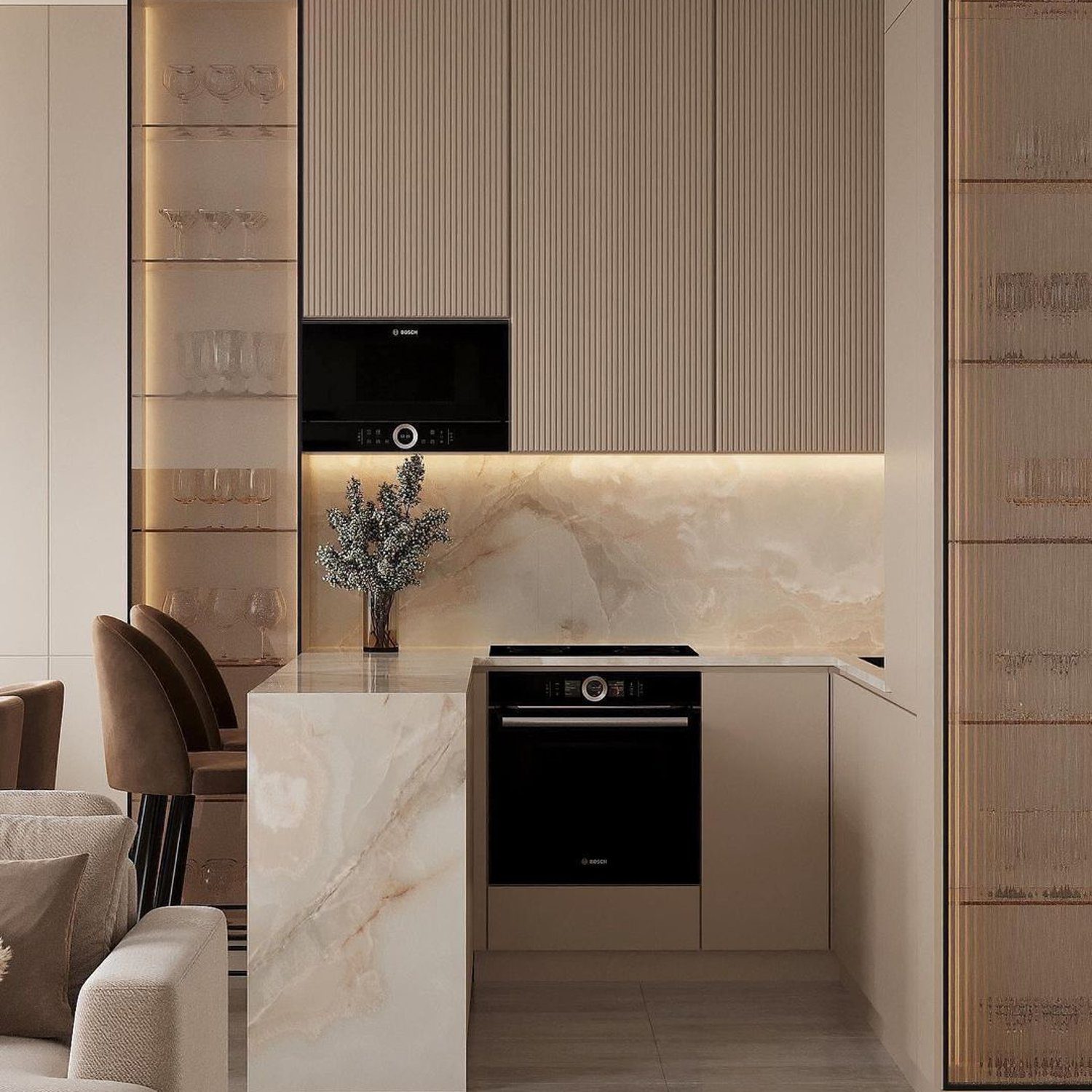 Elegant minimalist kitchen with marble accents