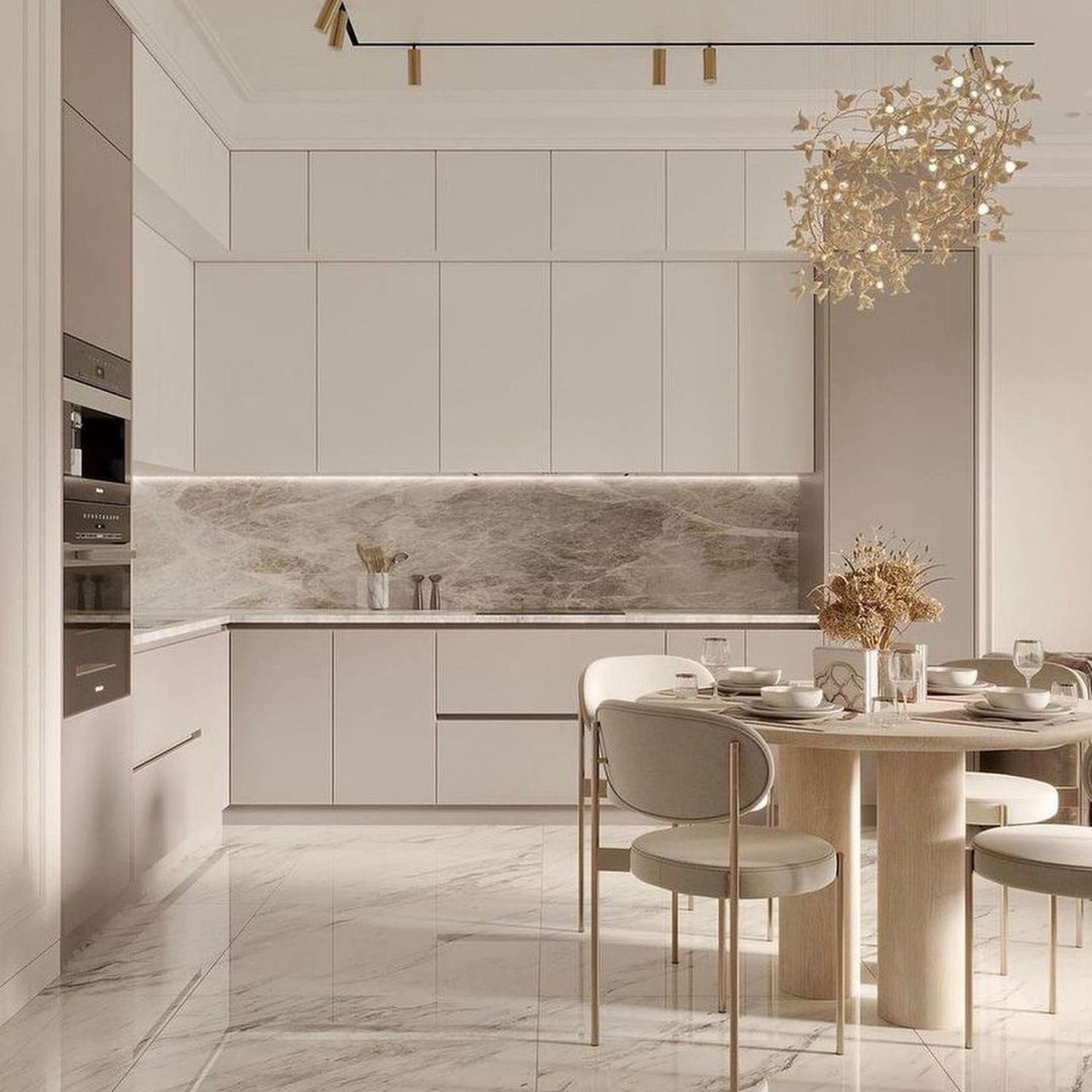 Elegant minimalist kitchen design with marble details