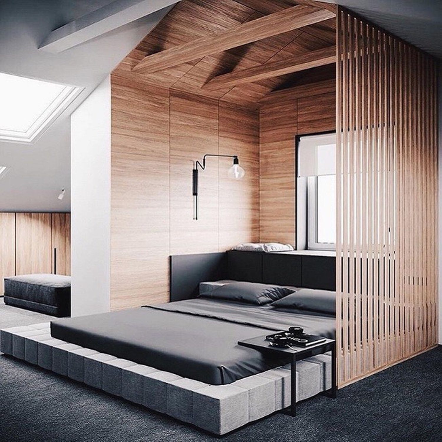 Elegant and minimalistic bedroom featuring wooden elements and modern design