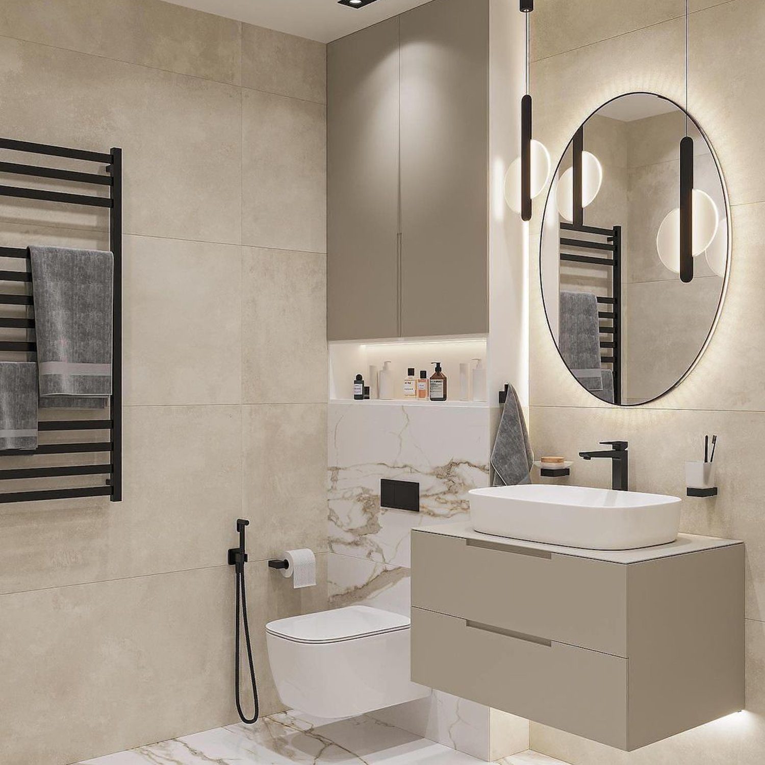 Elegant modern bathroom with neutral tones and clean lines