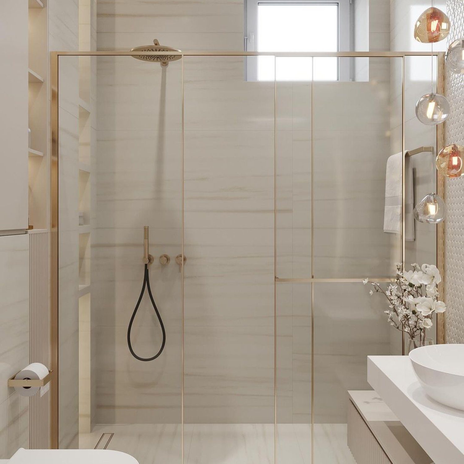 Elegant modern bathroom with cream colored tiles