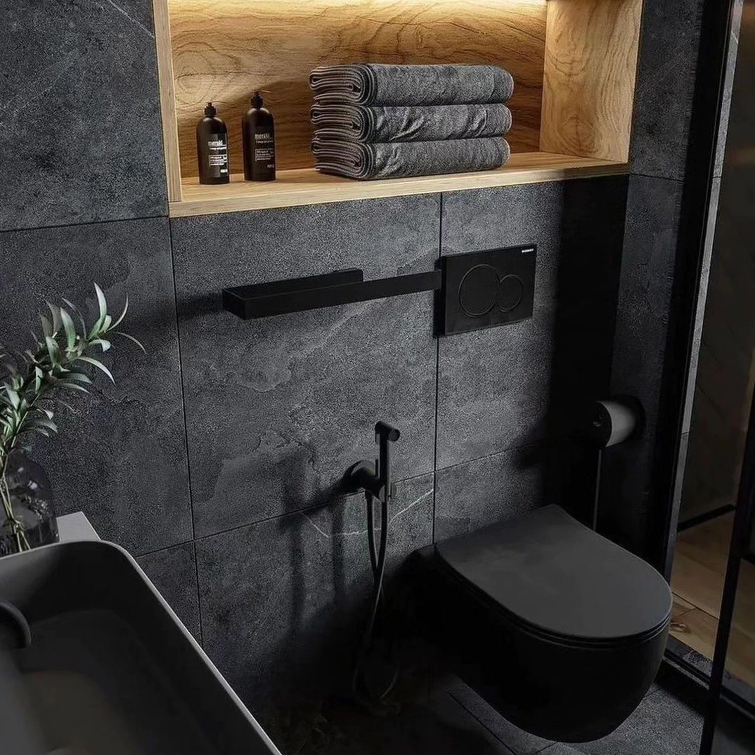 Elegant and modern bathroom with sleek black fixtures