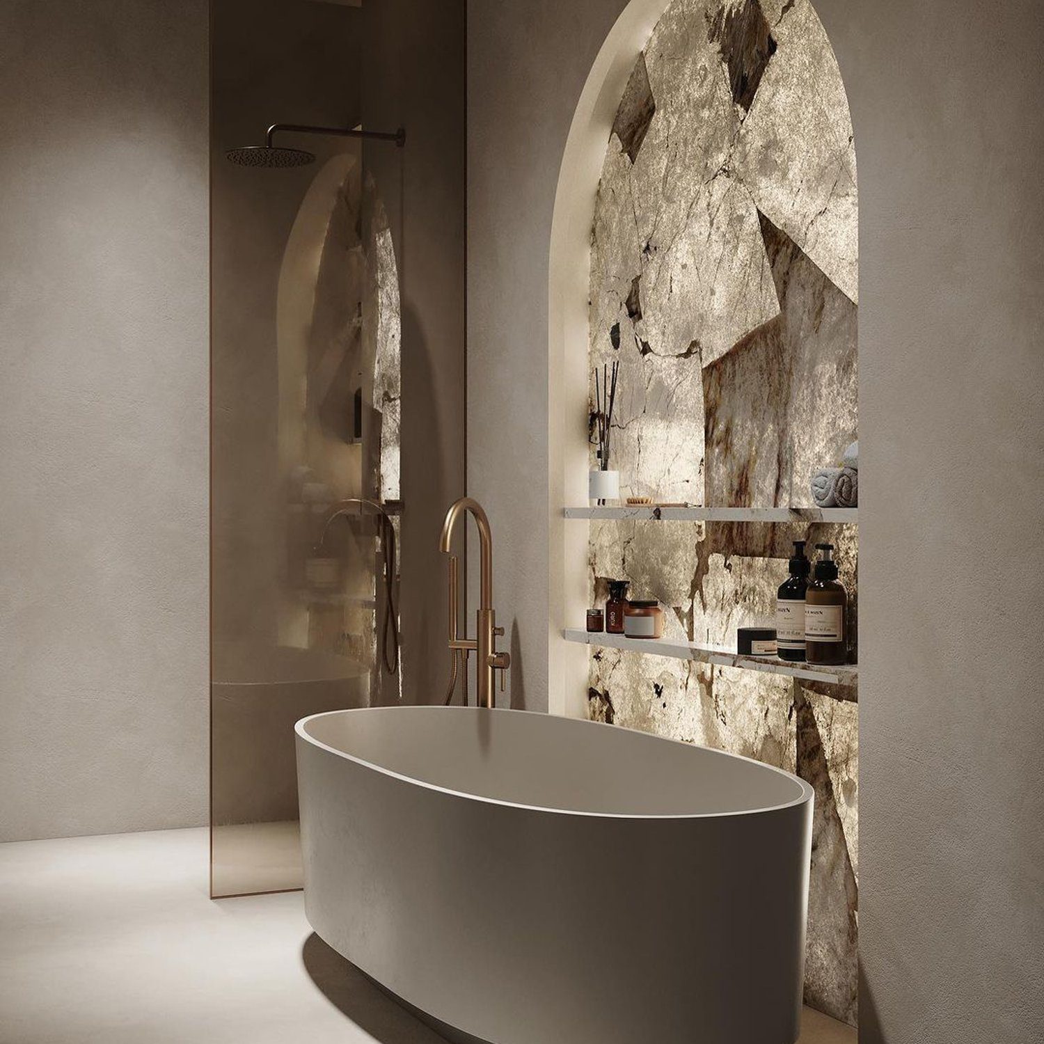 A contemporary bathroom featuring a free-standing tub