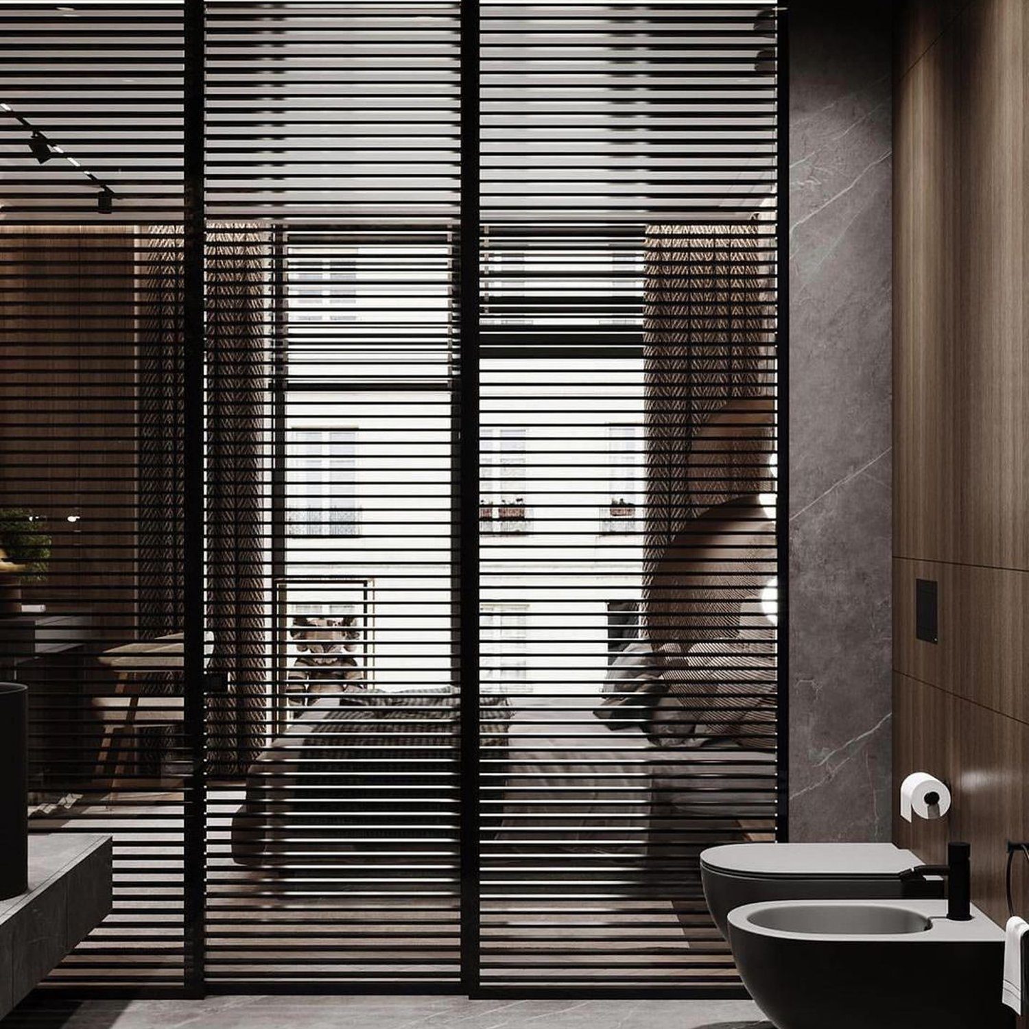 Elegant modern bathroom with privacy blinds