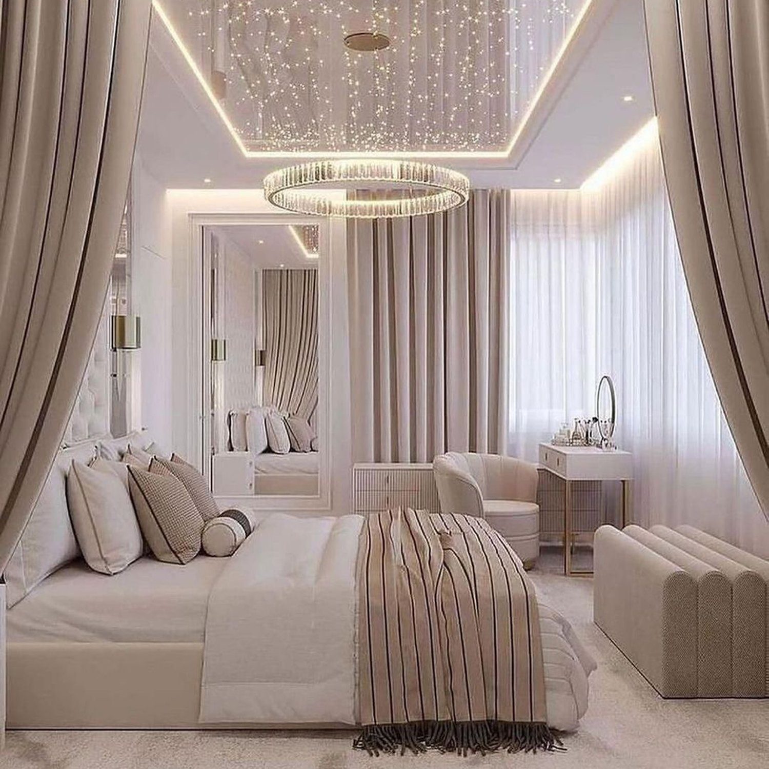 Elegant modern bedroom with starry ceiling lighting