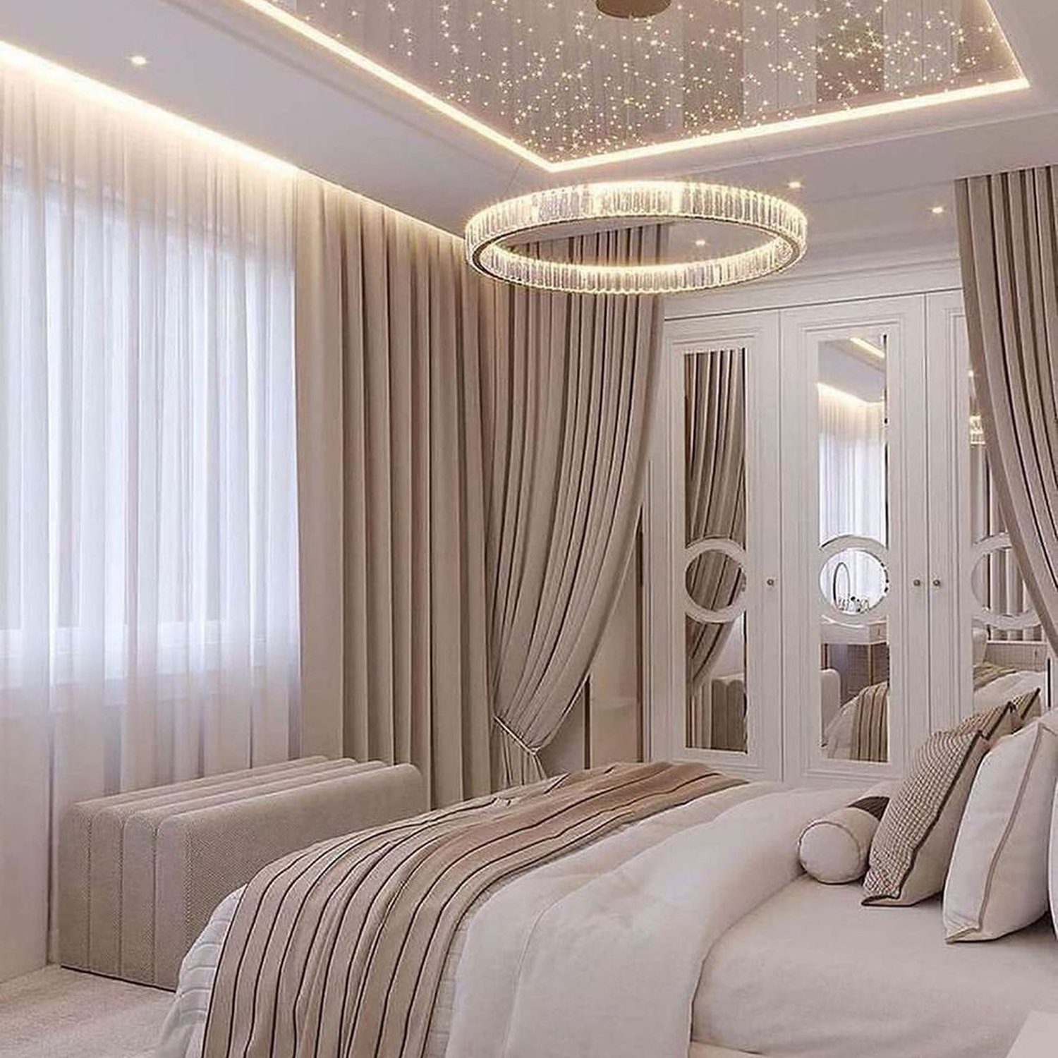 Elegant modern bedroom with starry lighting