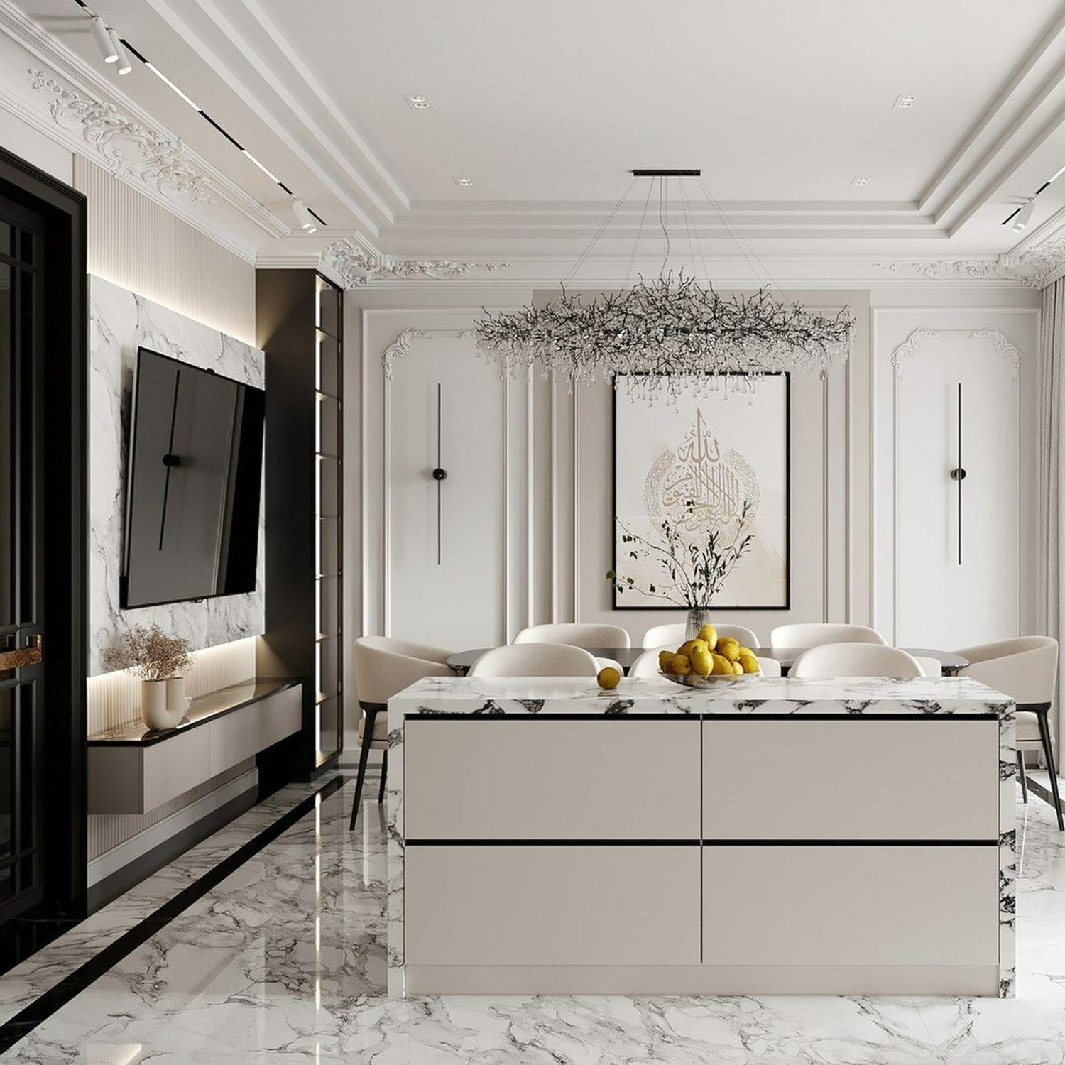 Elegant modern kitchen with marble accents