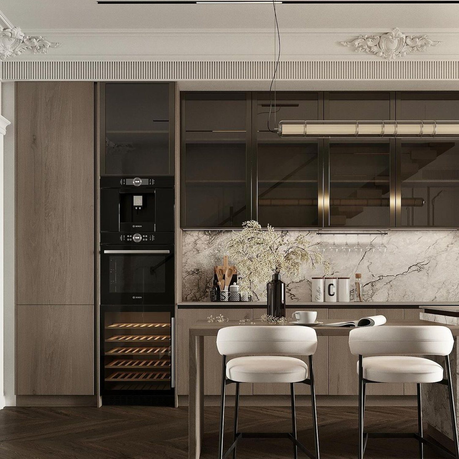 Elegant modern kitchen combining classic architecture with contemporary design