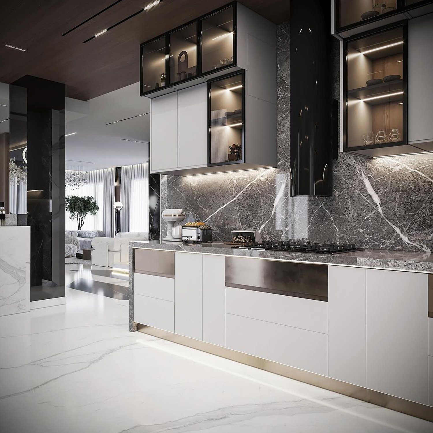 Elegant modern kitchen design with marble elements