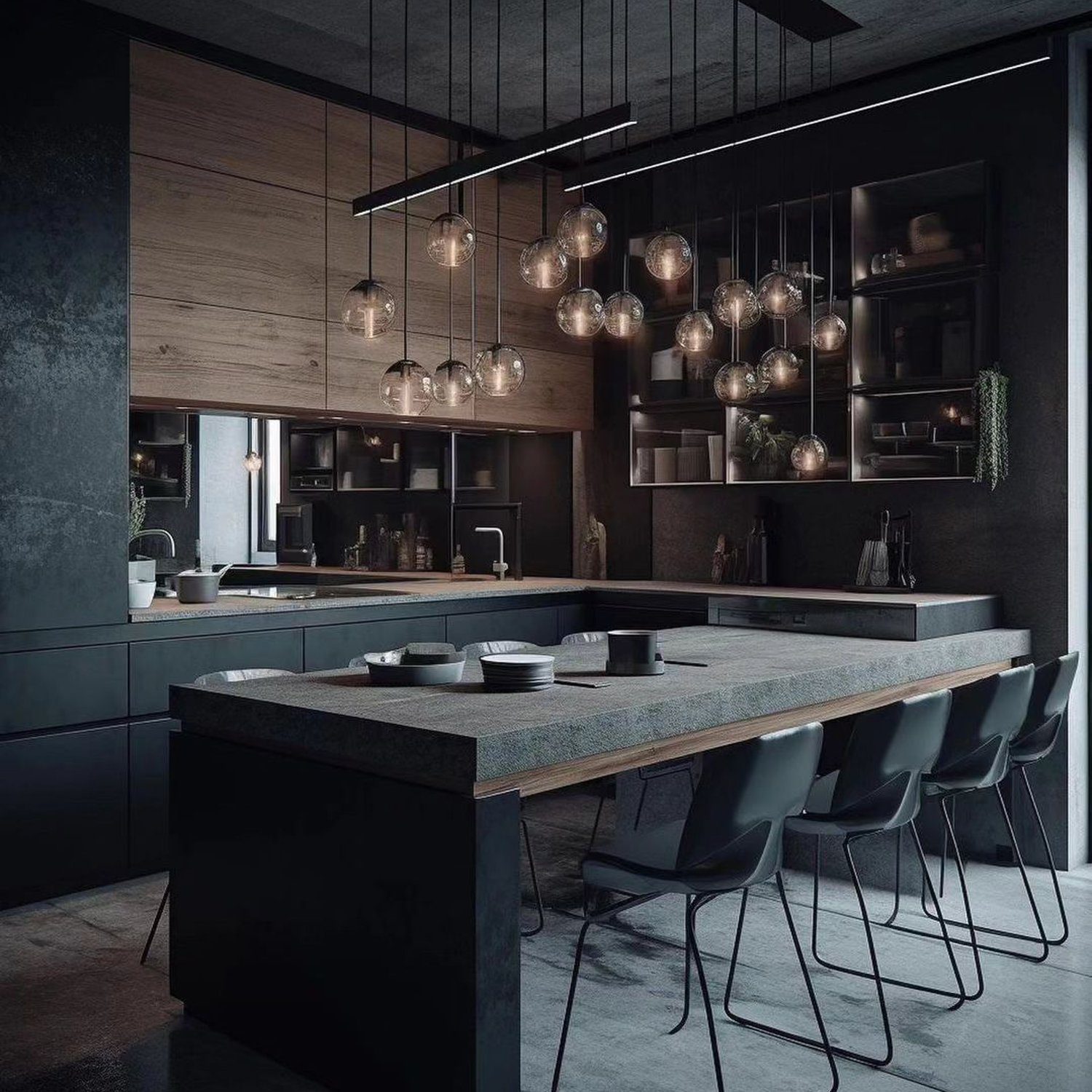 A chic and modern kitchen with dark tones and industrial influences