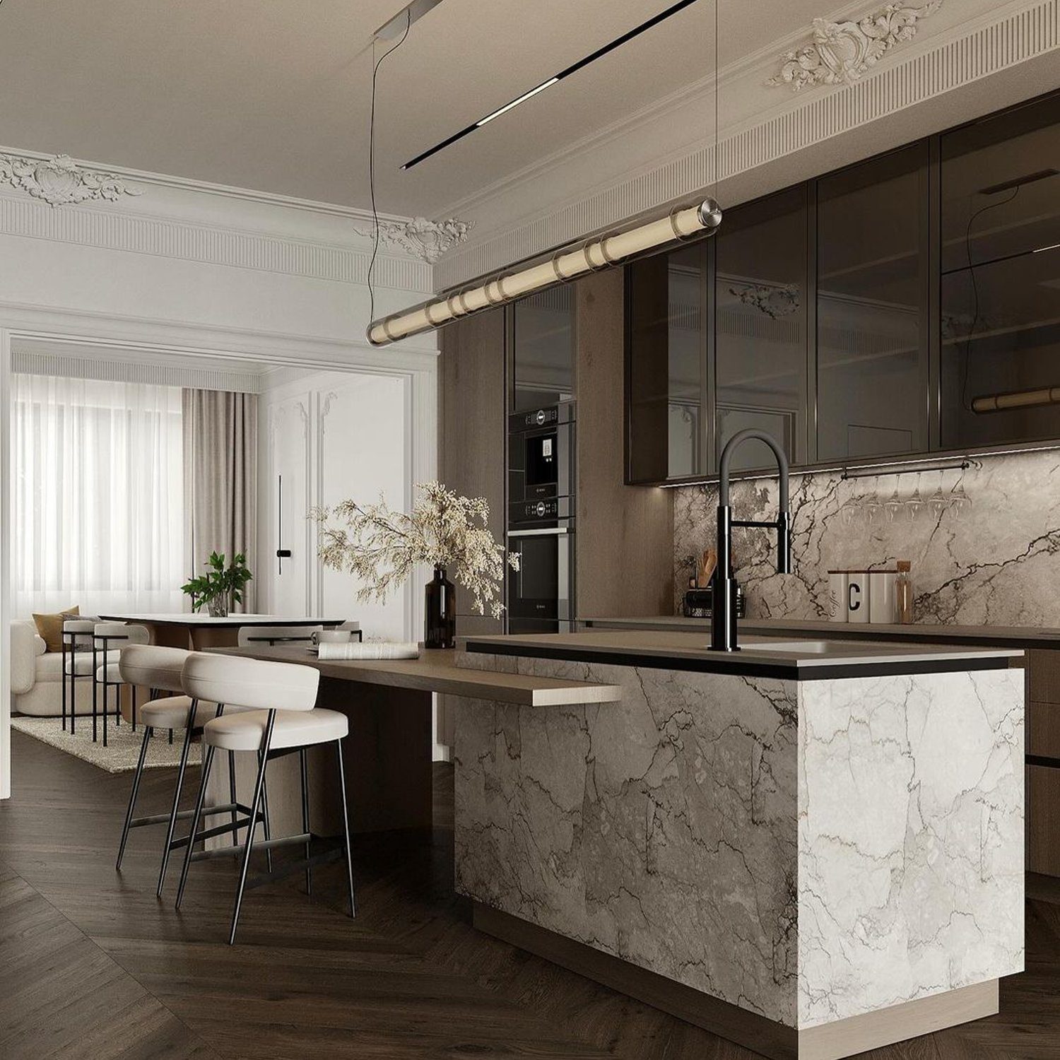 Elegant modern kitchen with marble finishes