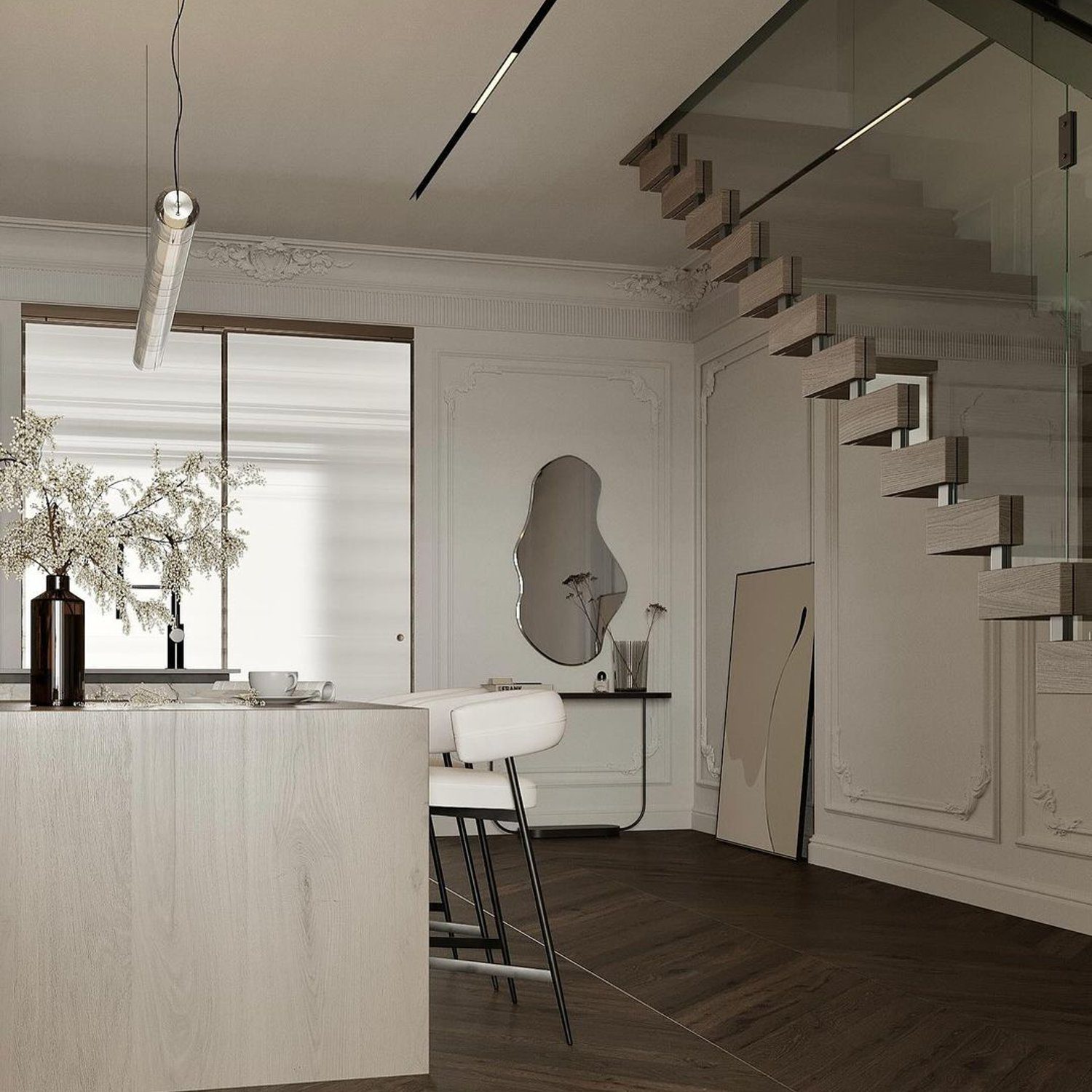 Elegant modern kitchen with floating staircase