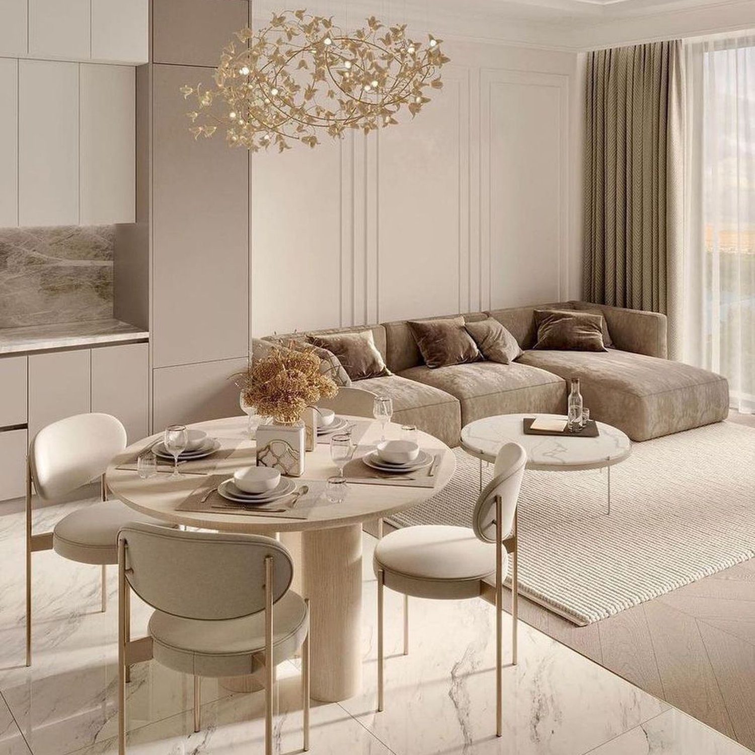 Elegant modern living room and dining area with a neutral color palette