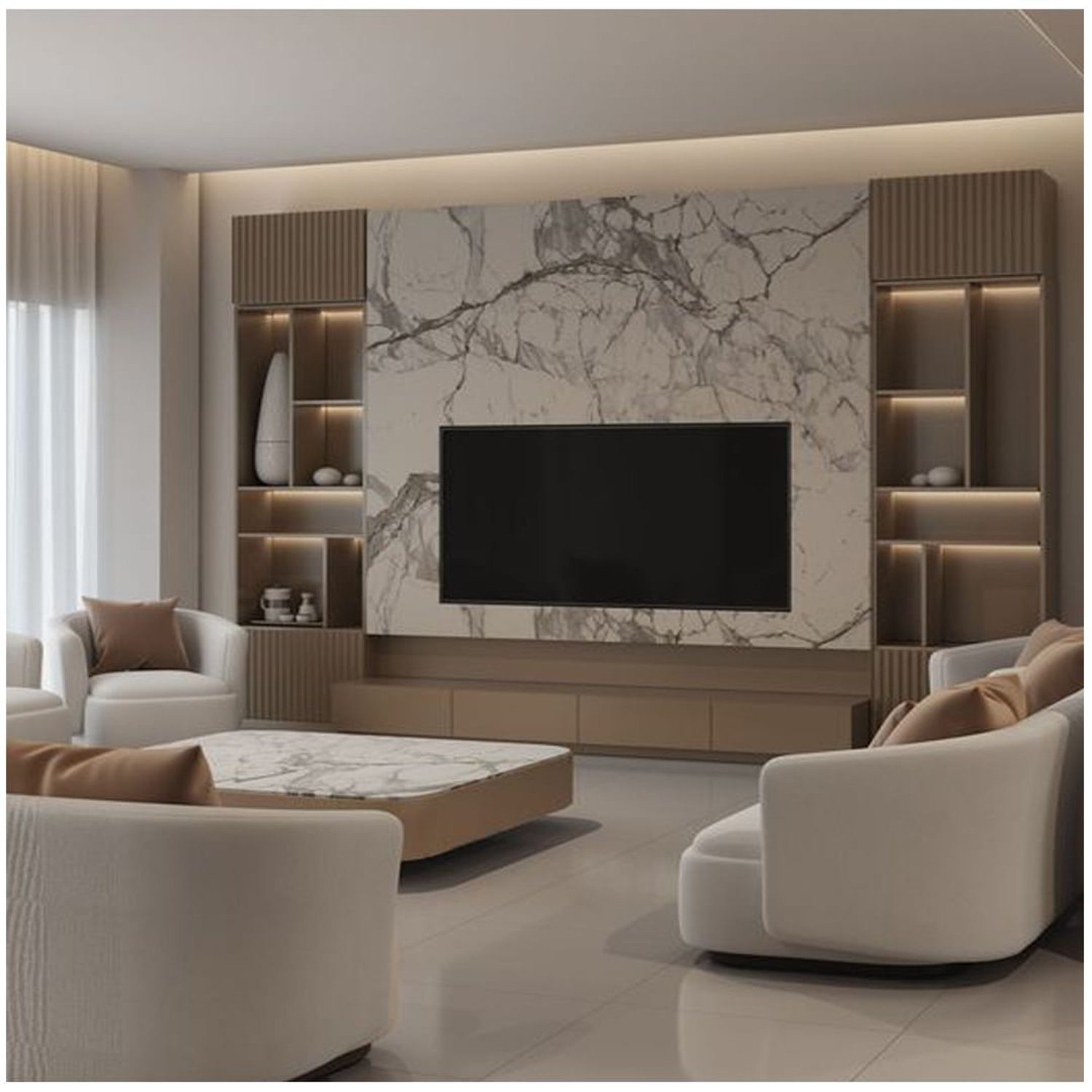 Elegant modern living room with a marble feature wall