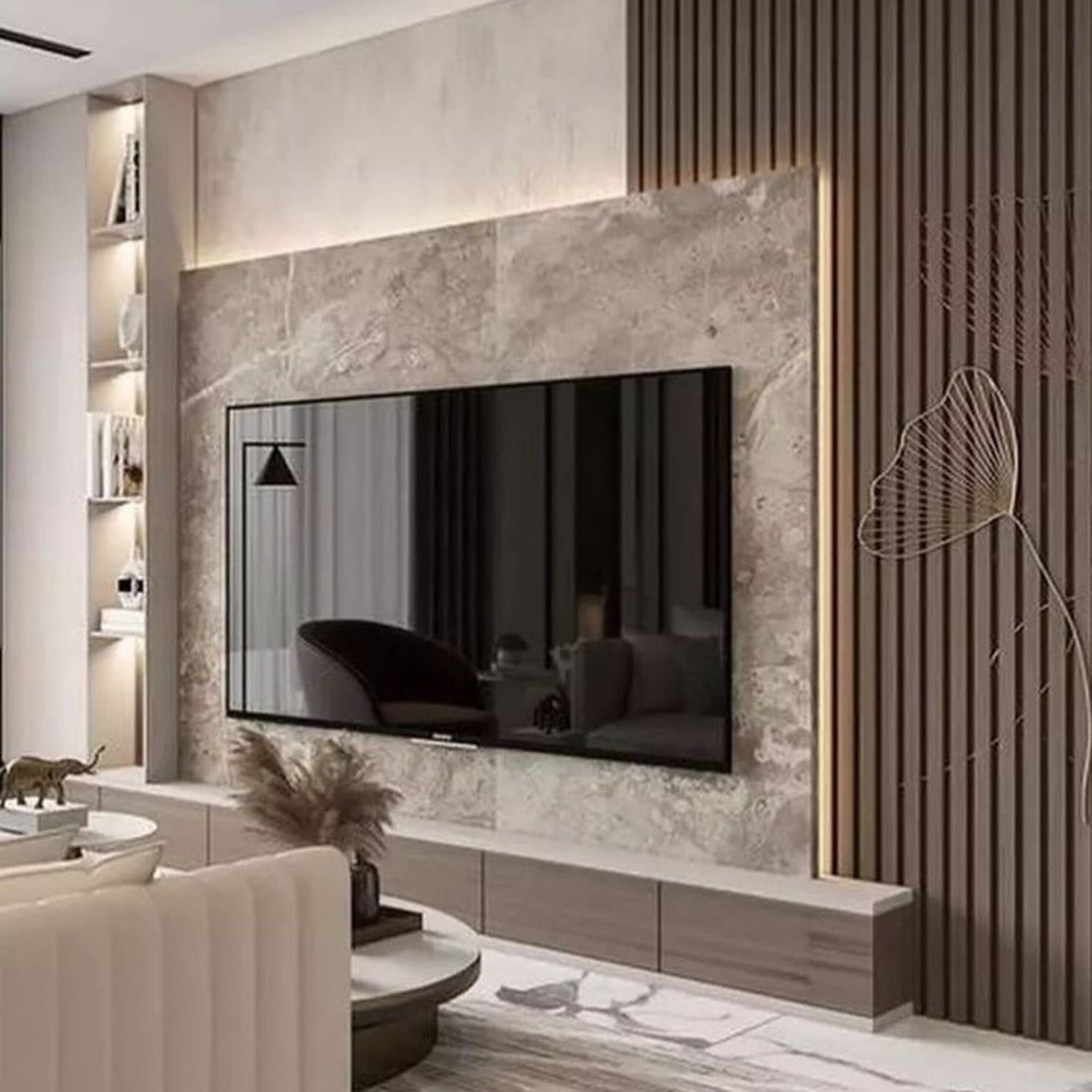 Elegant and modern living room with a large TV integrated into a textured wall, surrounded by vertical wooden slats