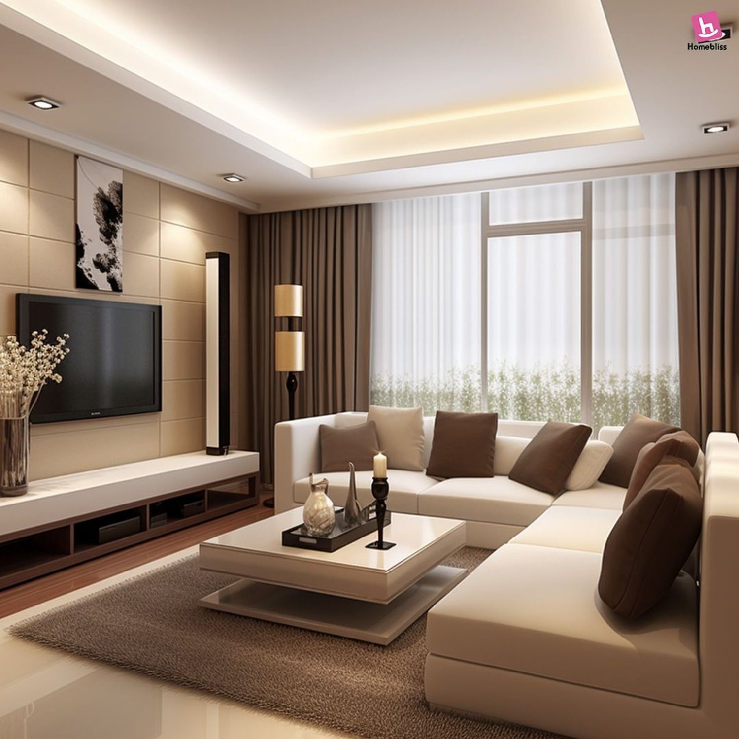 Elegant modern living room with abundant natural light and harmonious color palette