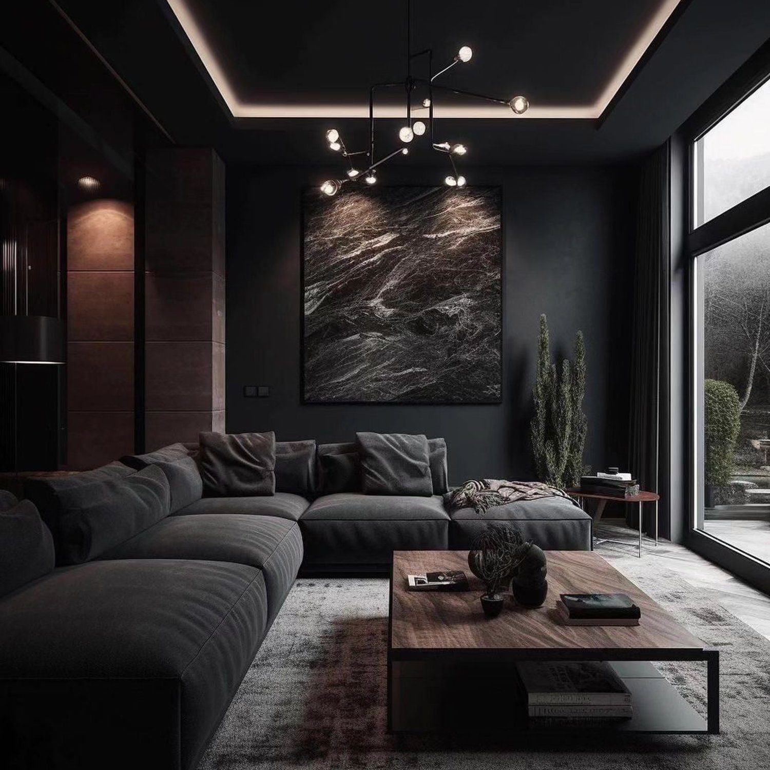 A modern living room with a dark color scheme