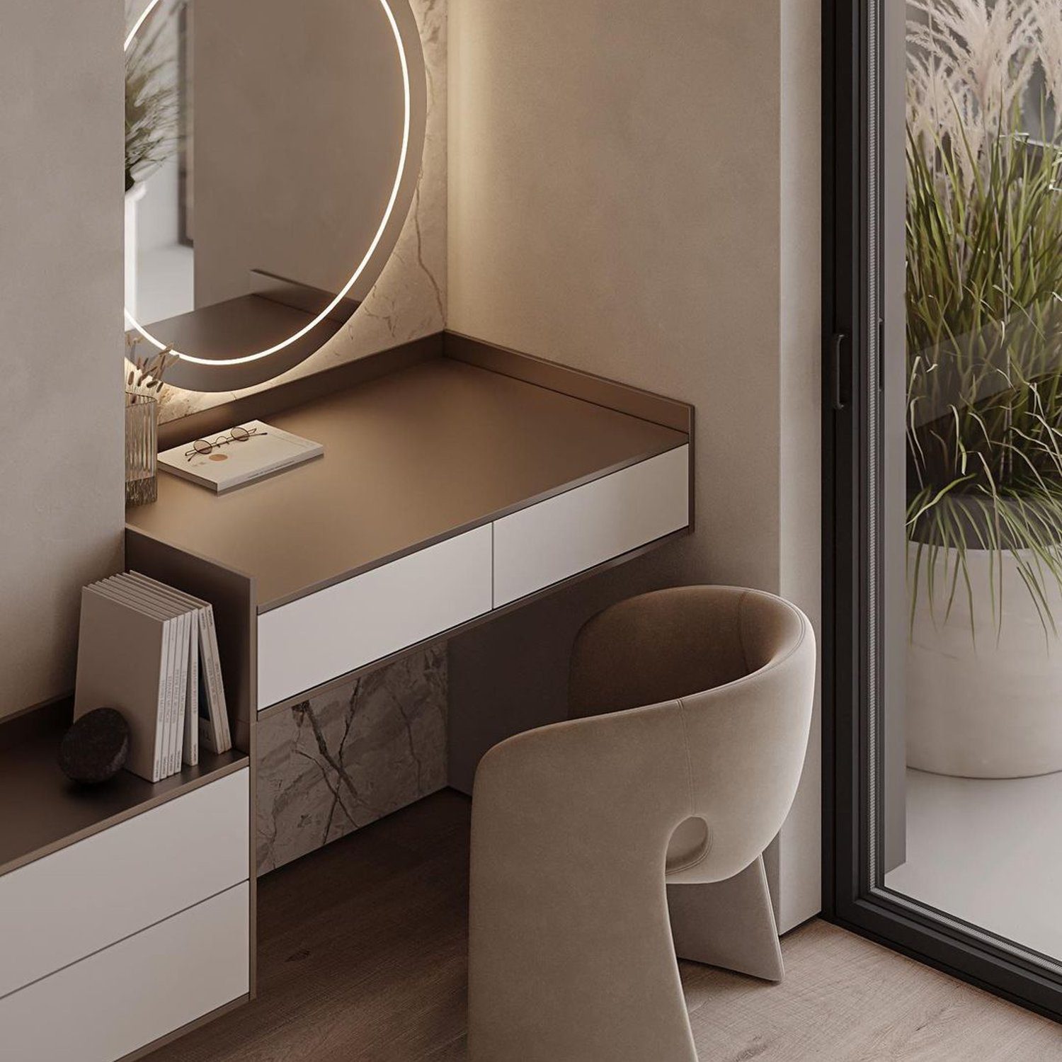 Elegant modern vanity area with stylish chair