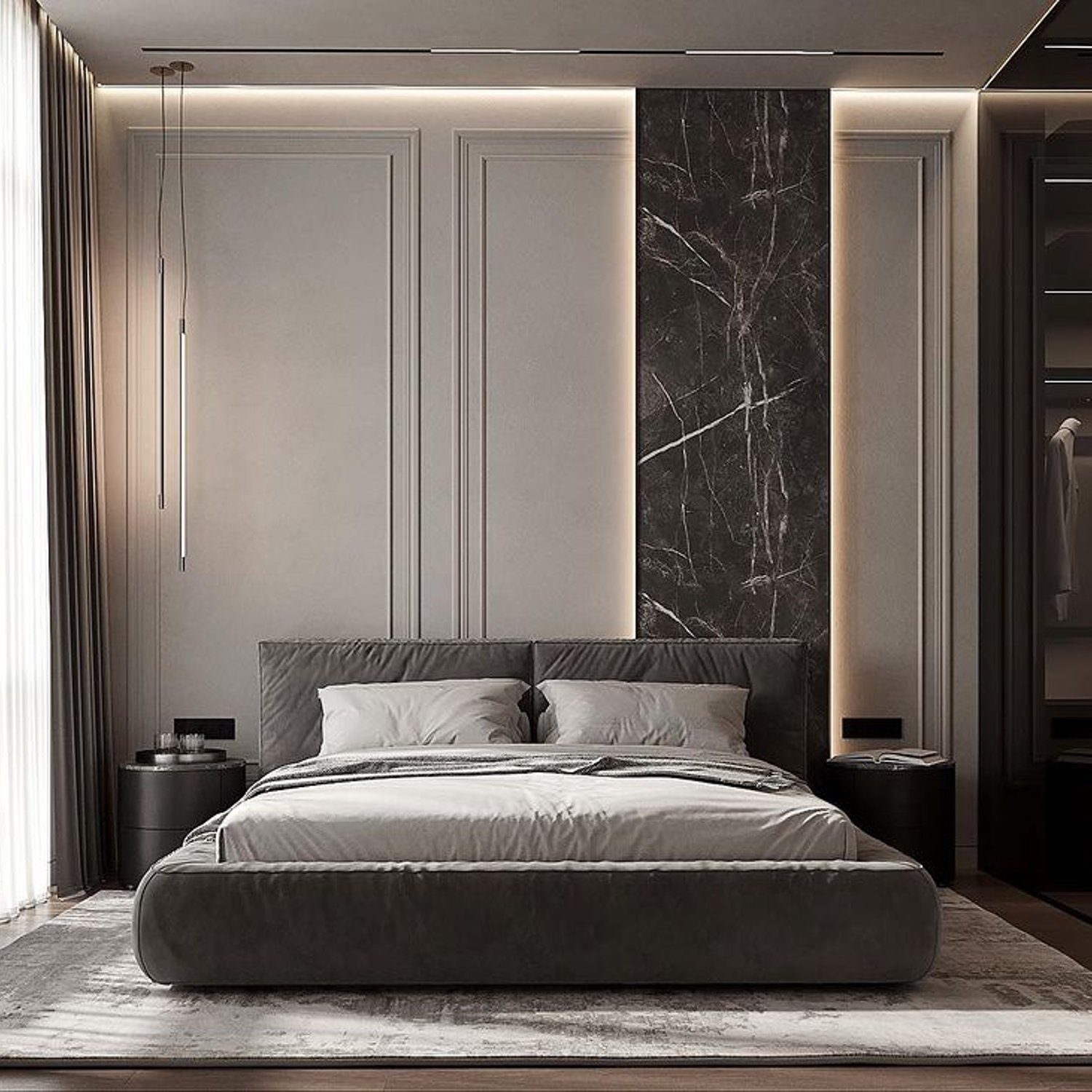 Elegant monochrome bedroom featuring a plush bed and sophisticated decor