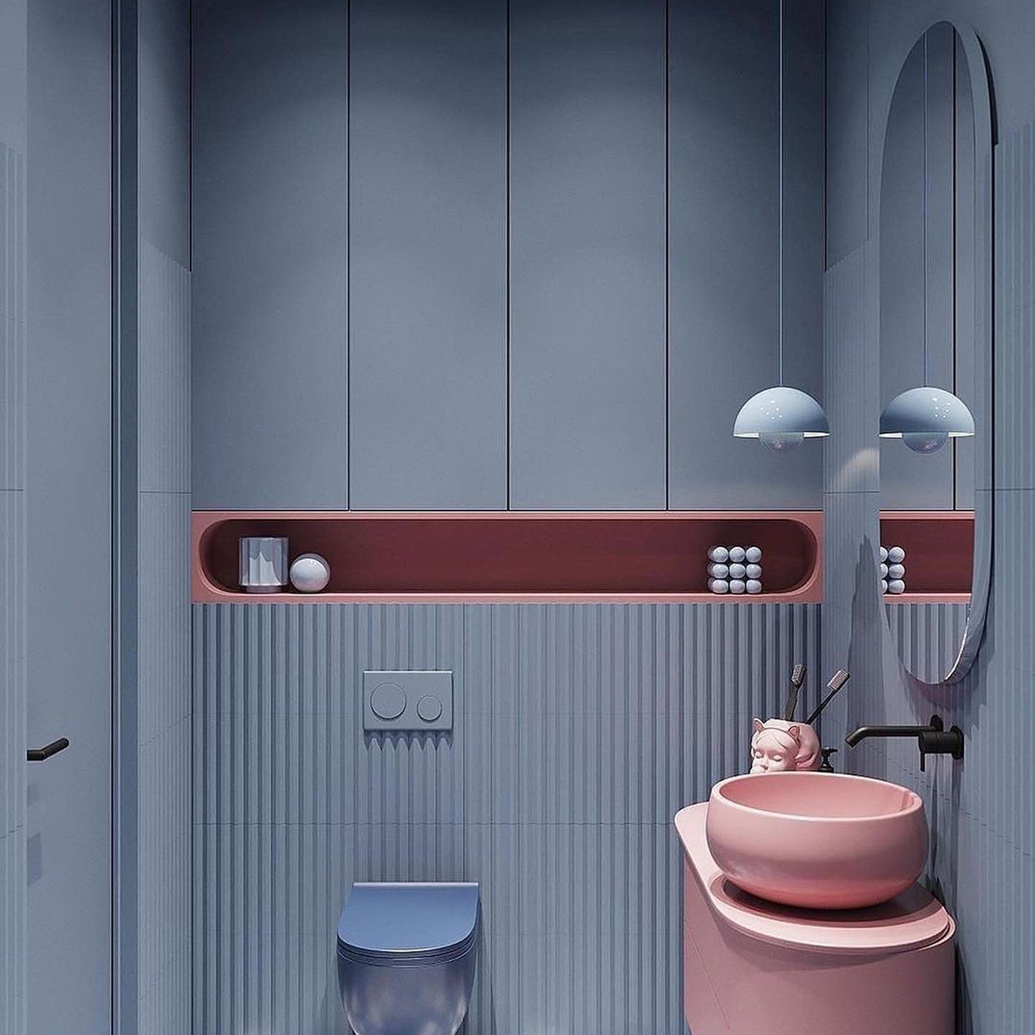 Stylish pink and blue bathroom design featuring modern fixtures