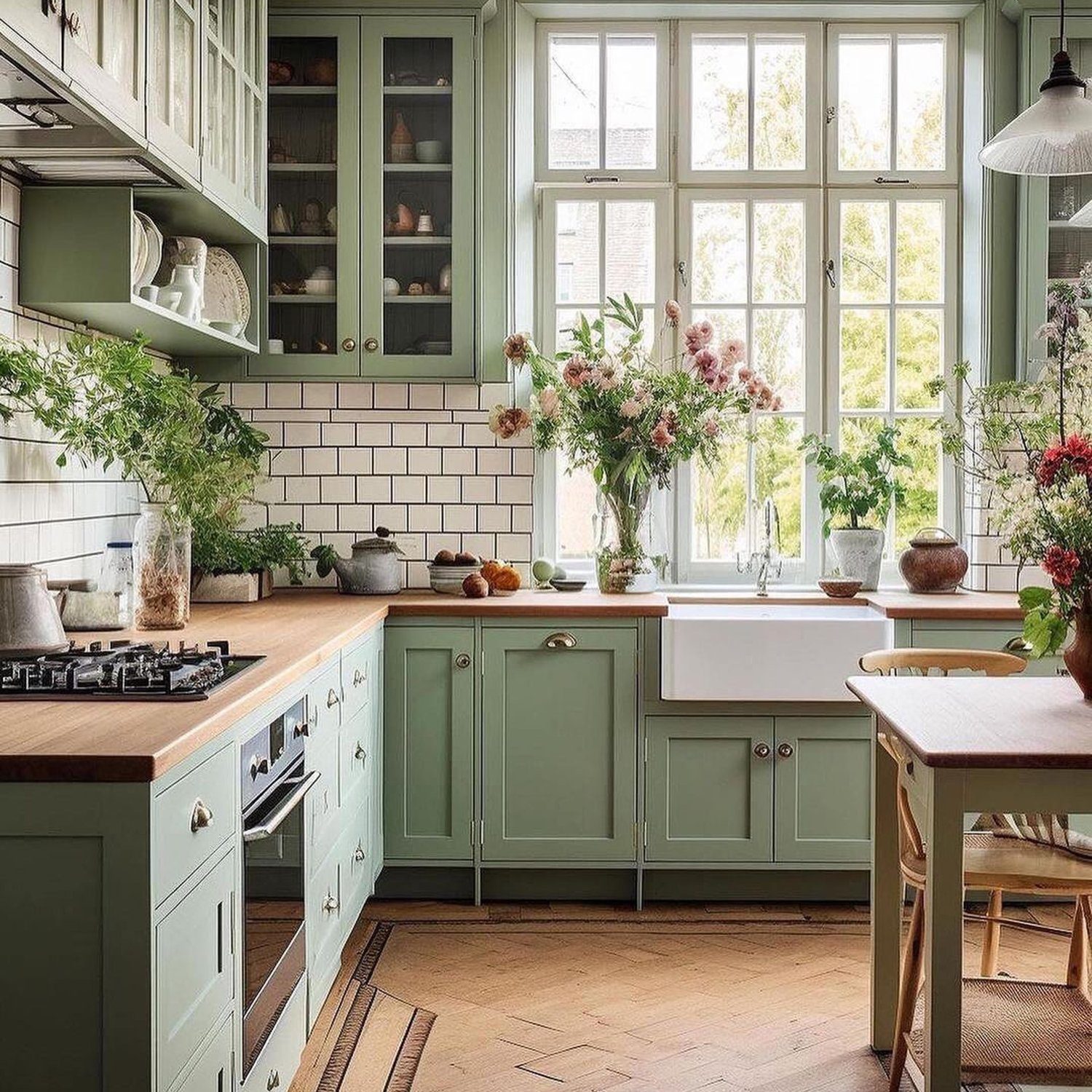 A serene kitchen space with sage green cabinetry