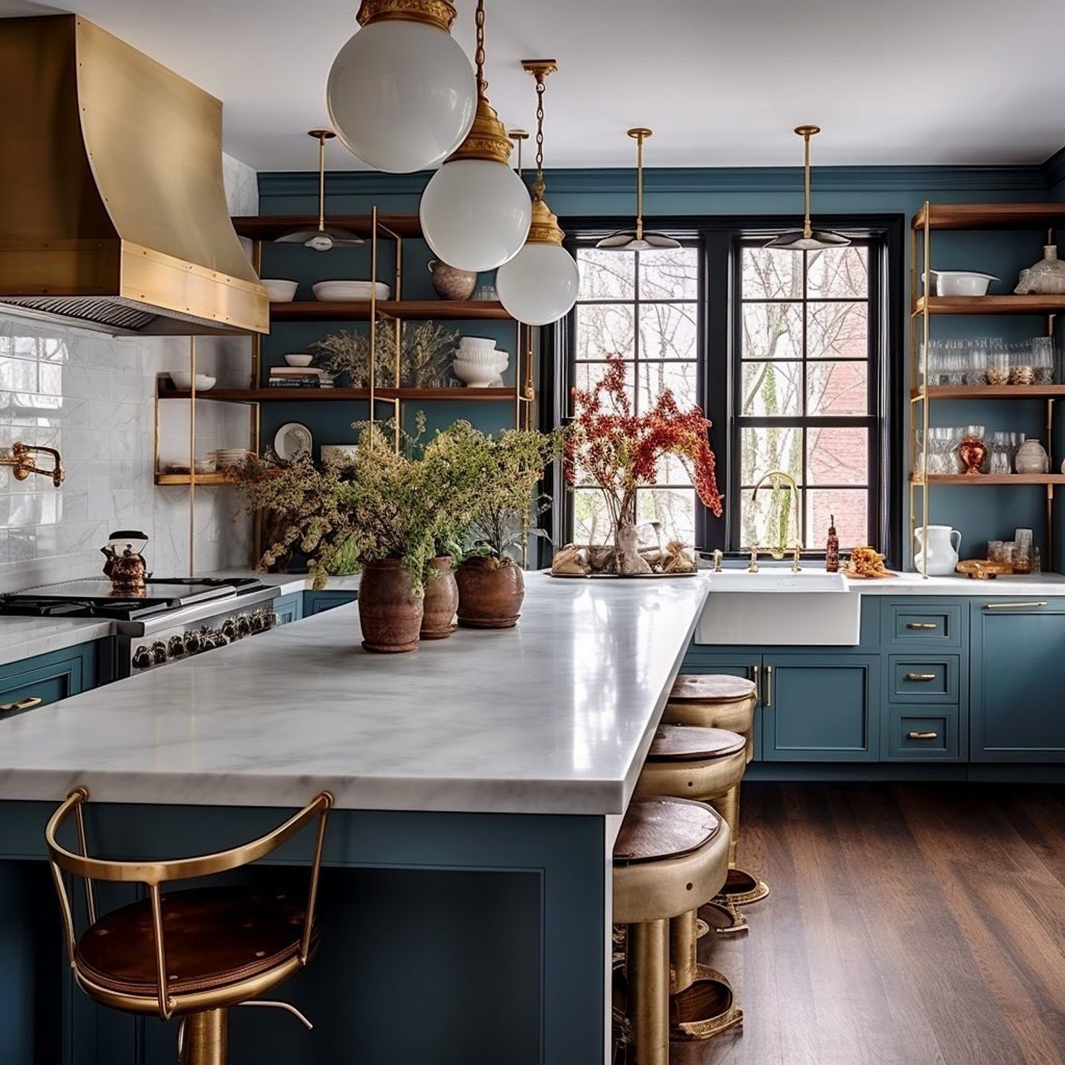 A chic kitchen featuring deep teal cabinetry, golden accents, and a large marble-topped island with vintage stools