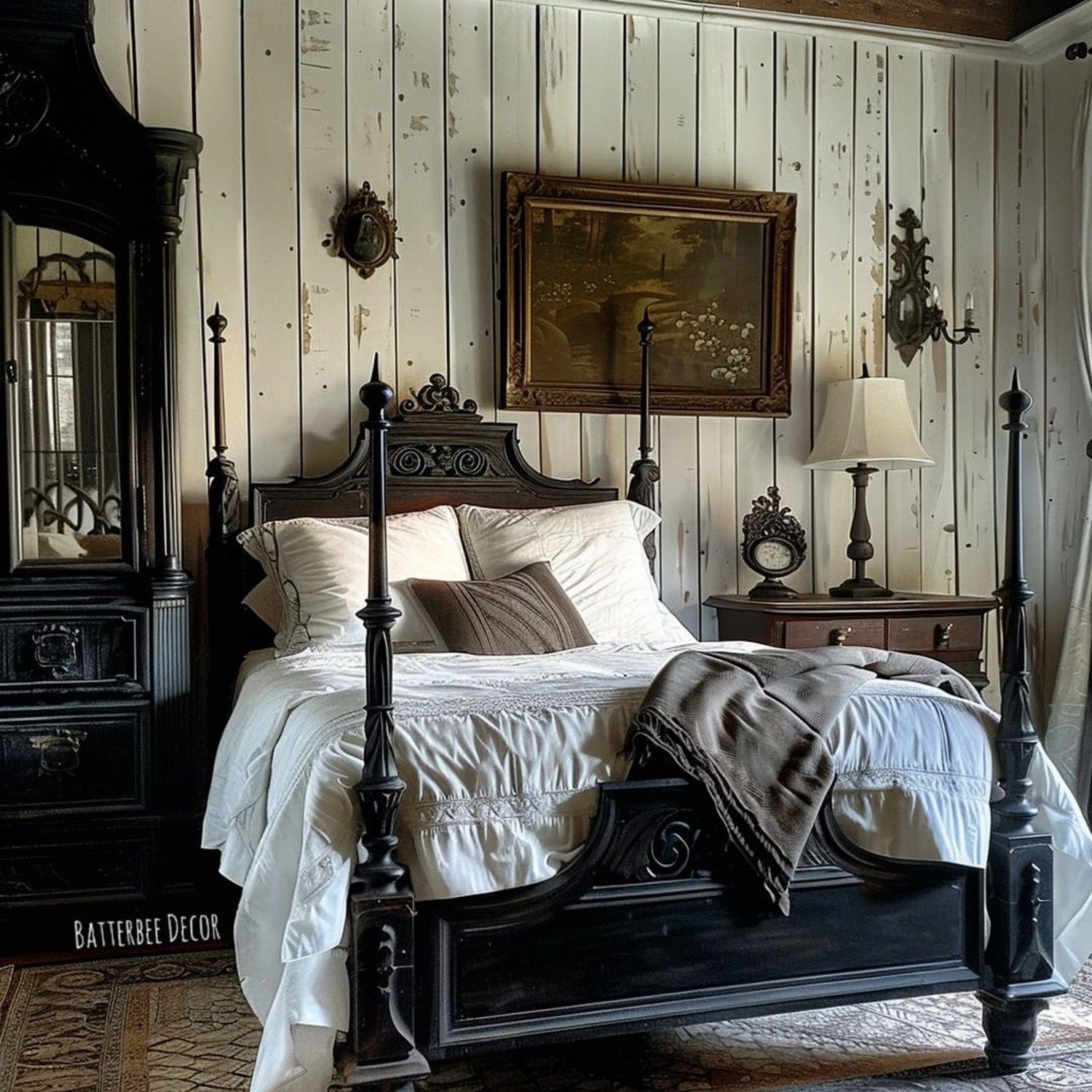 Elegant vintage bedroom with ornate dark wood furniture