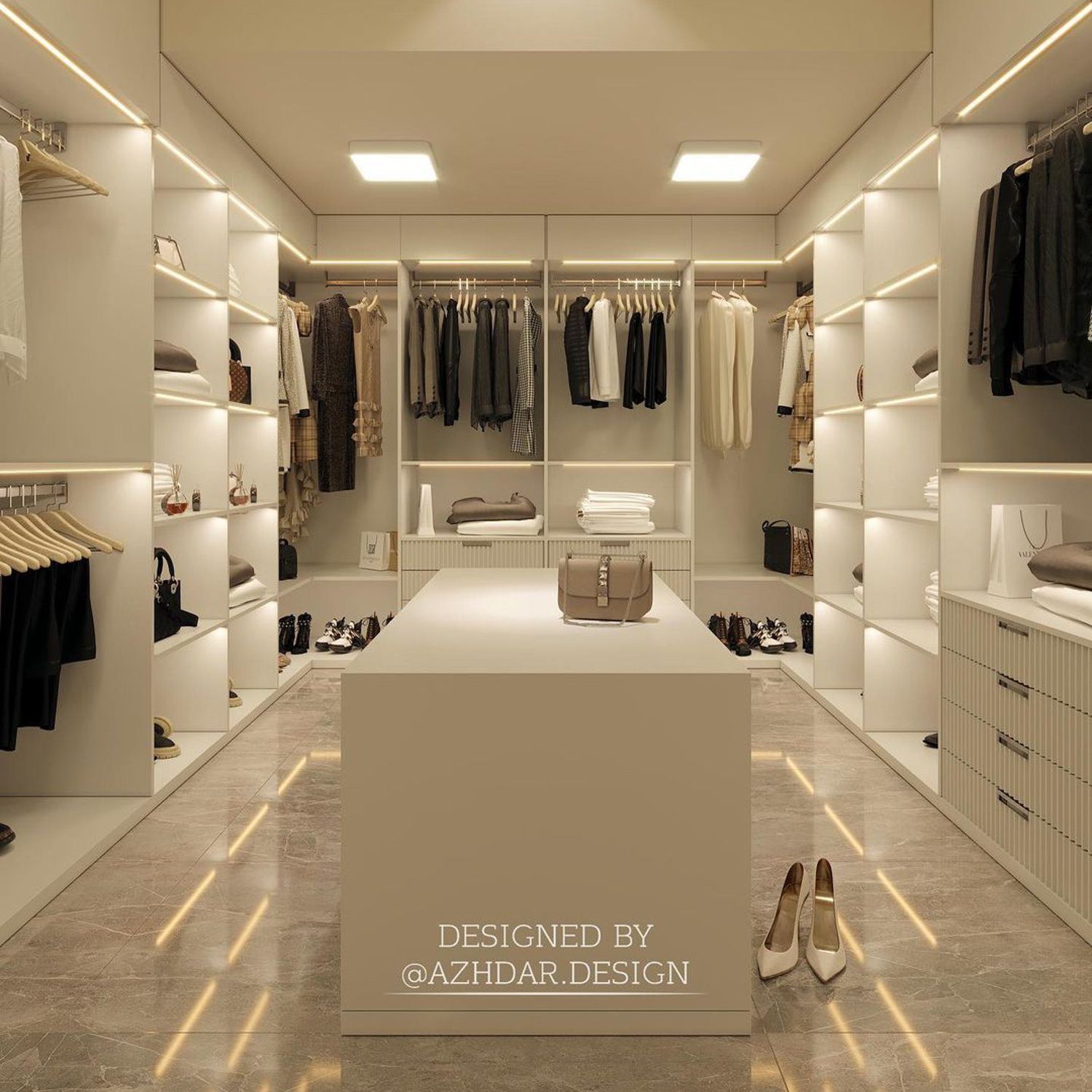 Elegant walk-in closet with a minimalist design and smart lighting