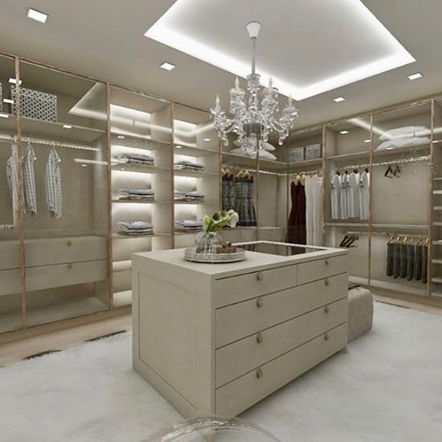 Elegant walk-in closet with luxurious styling