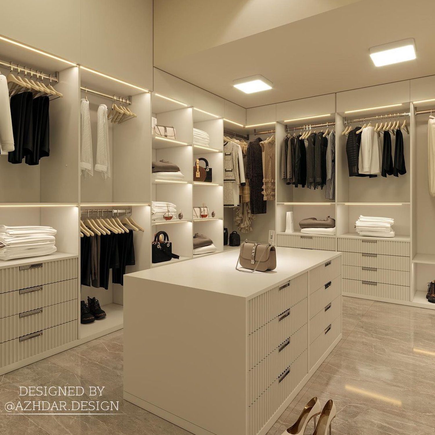 Elegant walk-in closet with well-organized storage solutions and ambient lighting