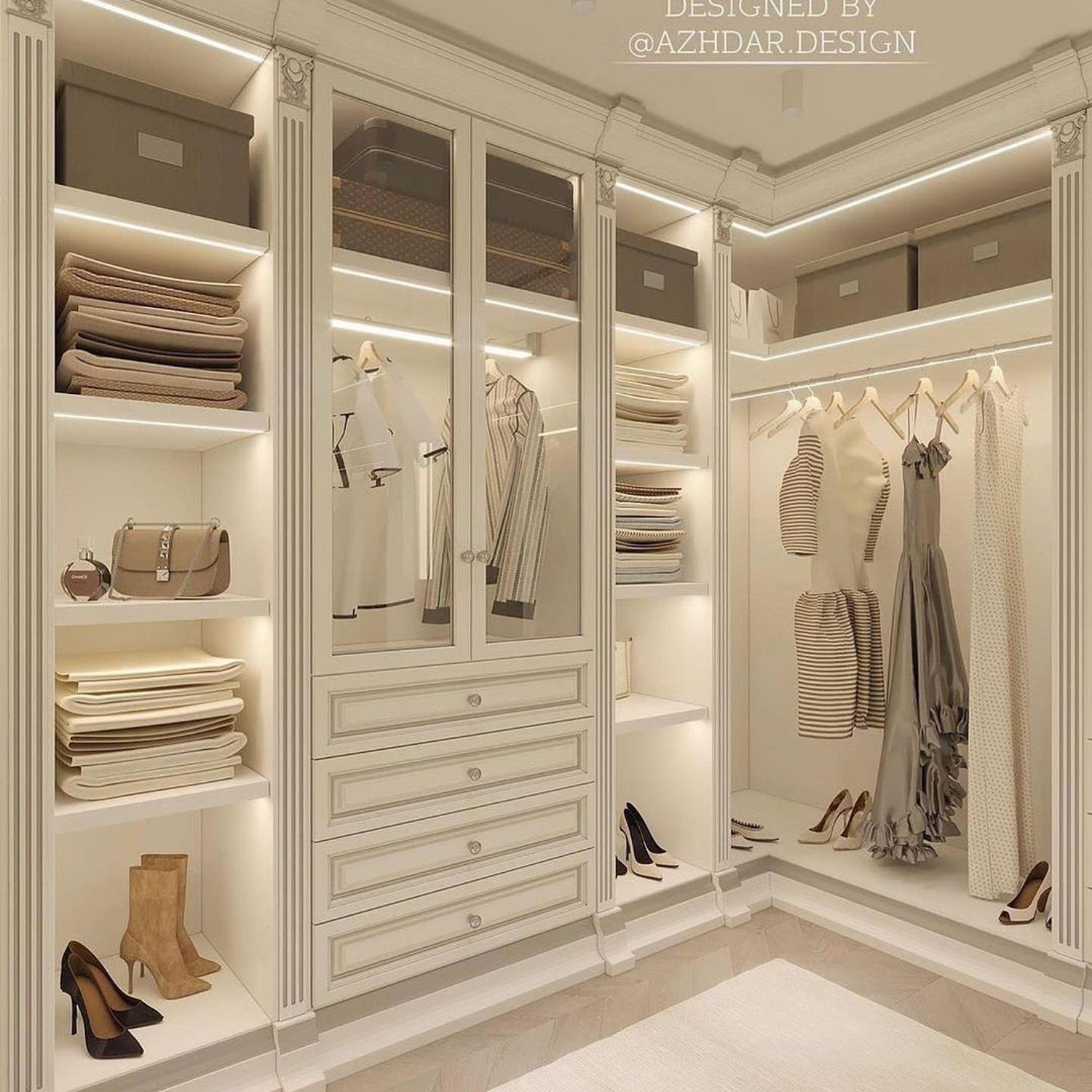 Elegant walk-in closet with well-organized storage spaces