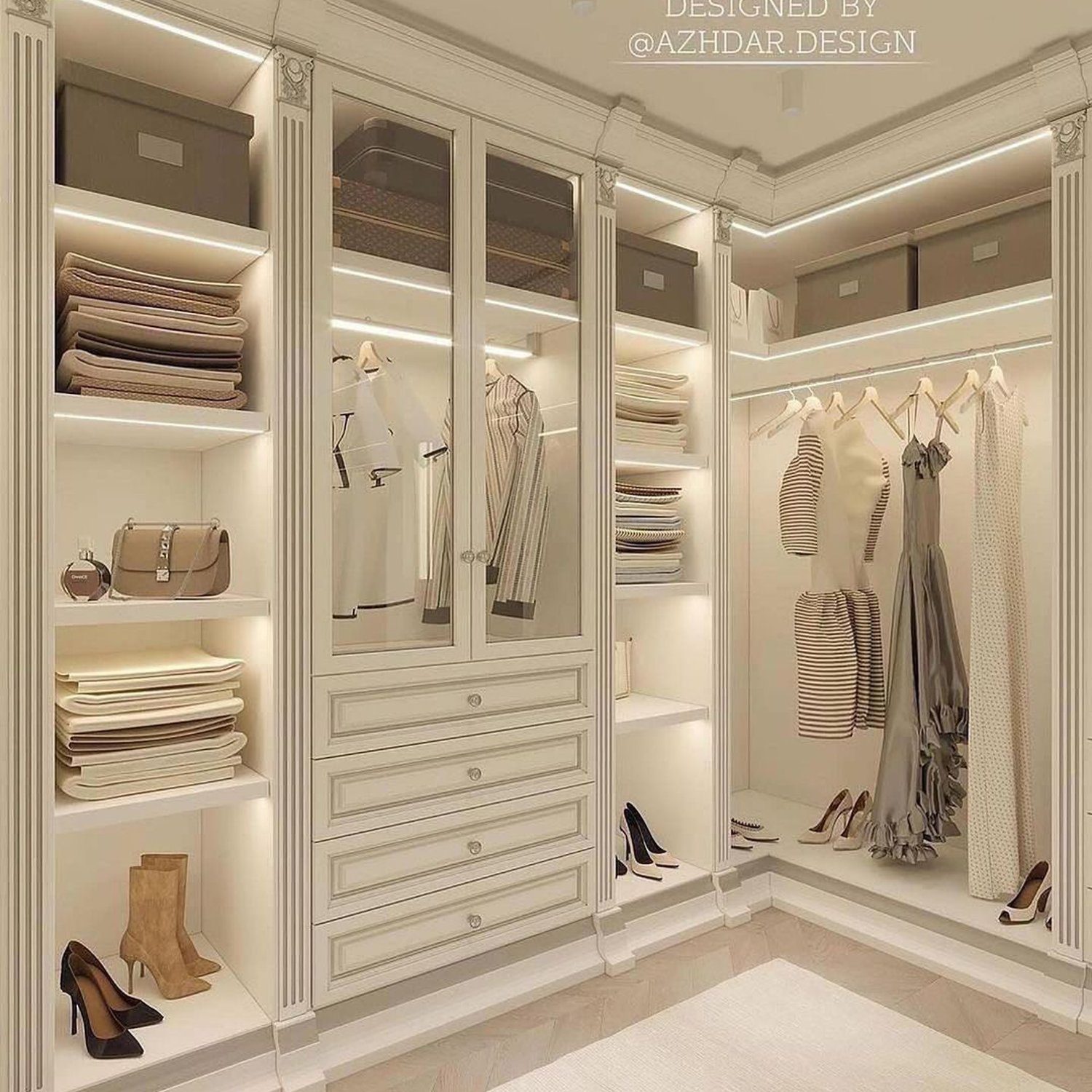 Elegant walk-in closet design with classical details