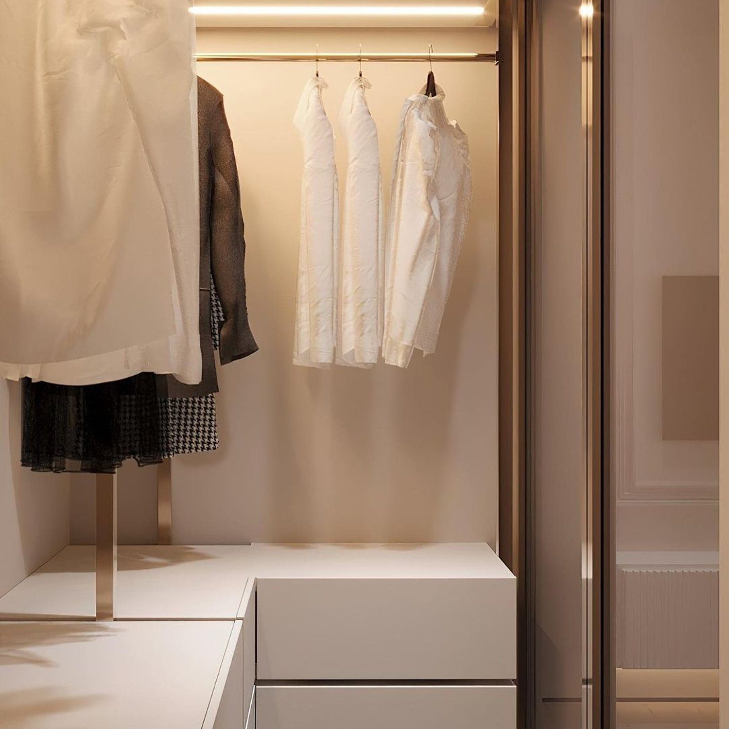 Elegant and well-organized wardrobe space with integrated lighting