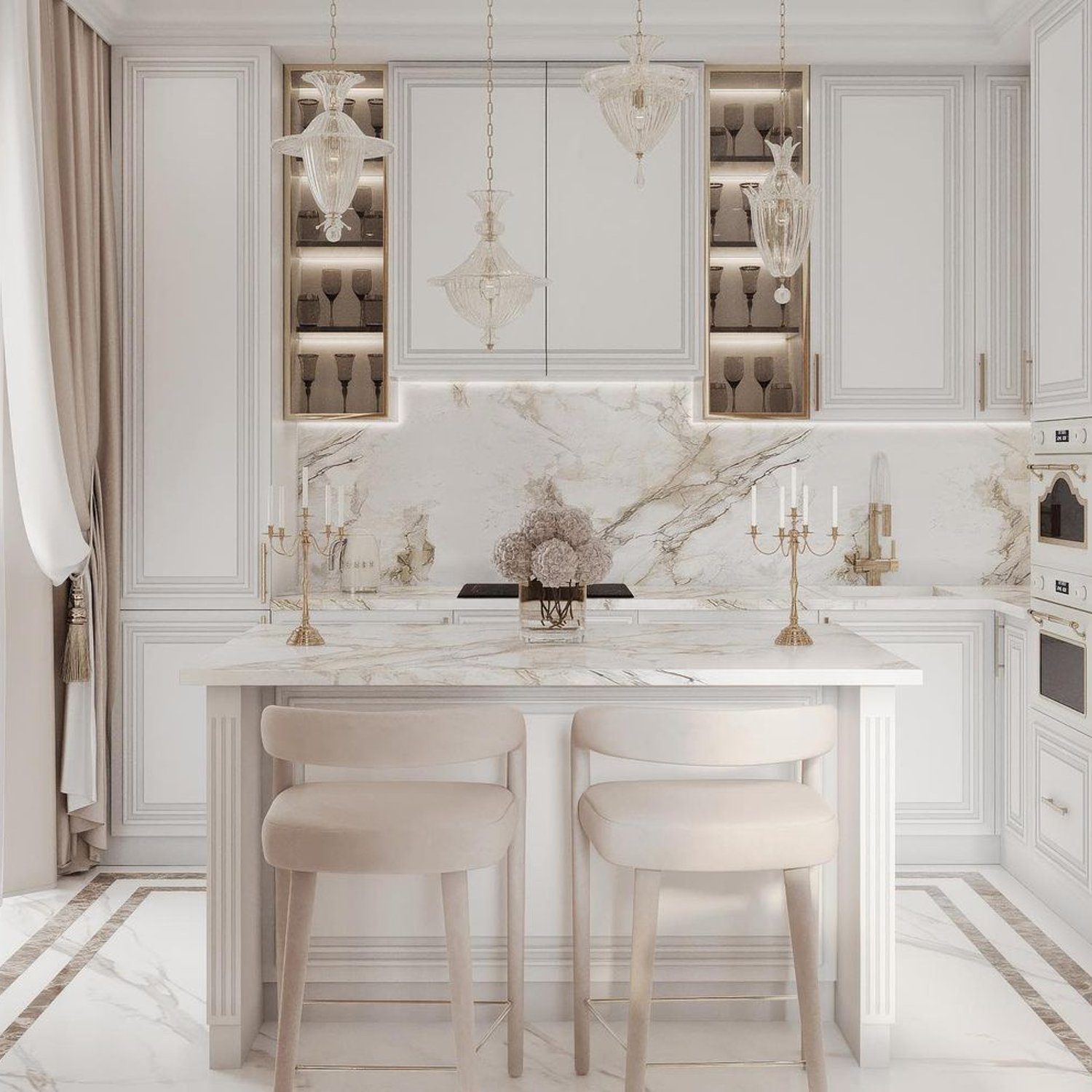 Elegant and spacious white kitchen with marble details and classical elements