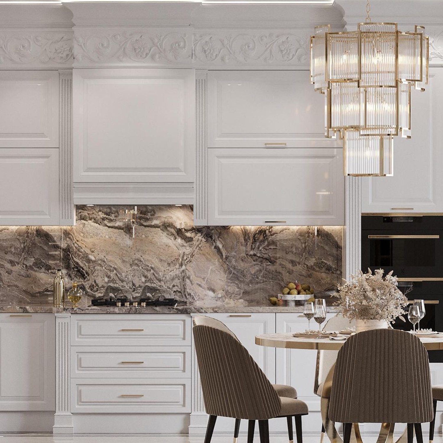 Elegant white kitchen with marble backsplash