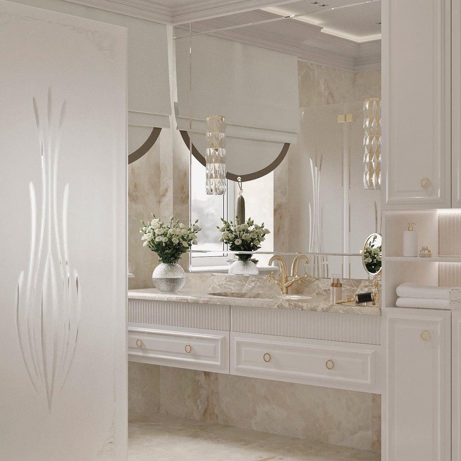 Elegant and luxurious bathroom design featuring marble elements