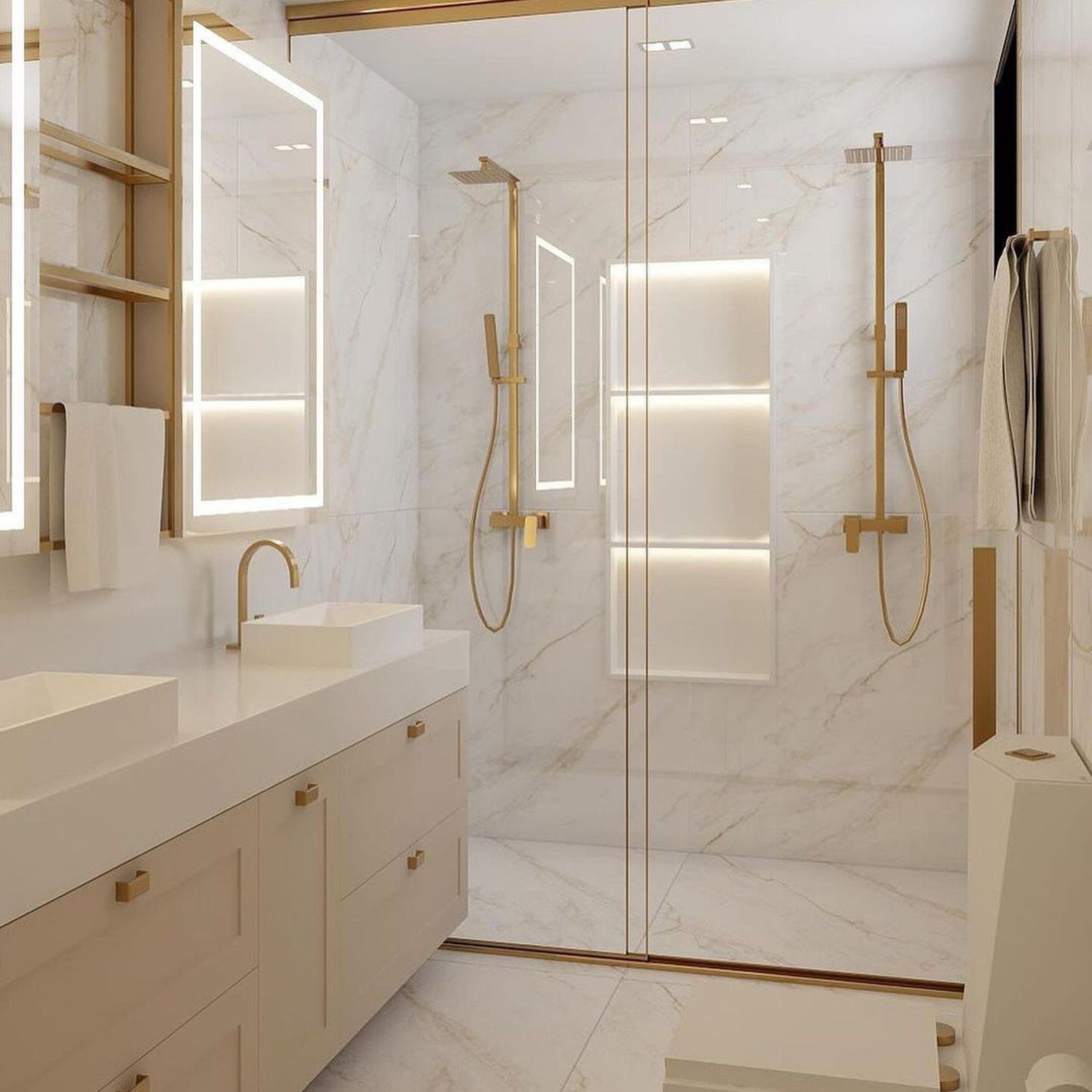 Elegant white marble bathroom with gold accents