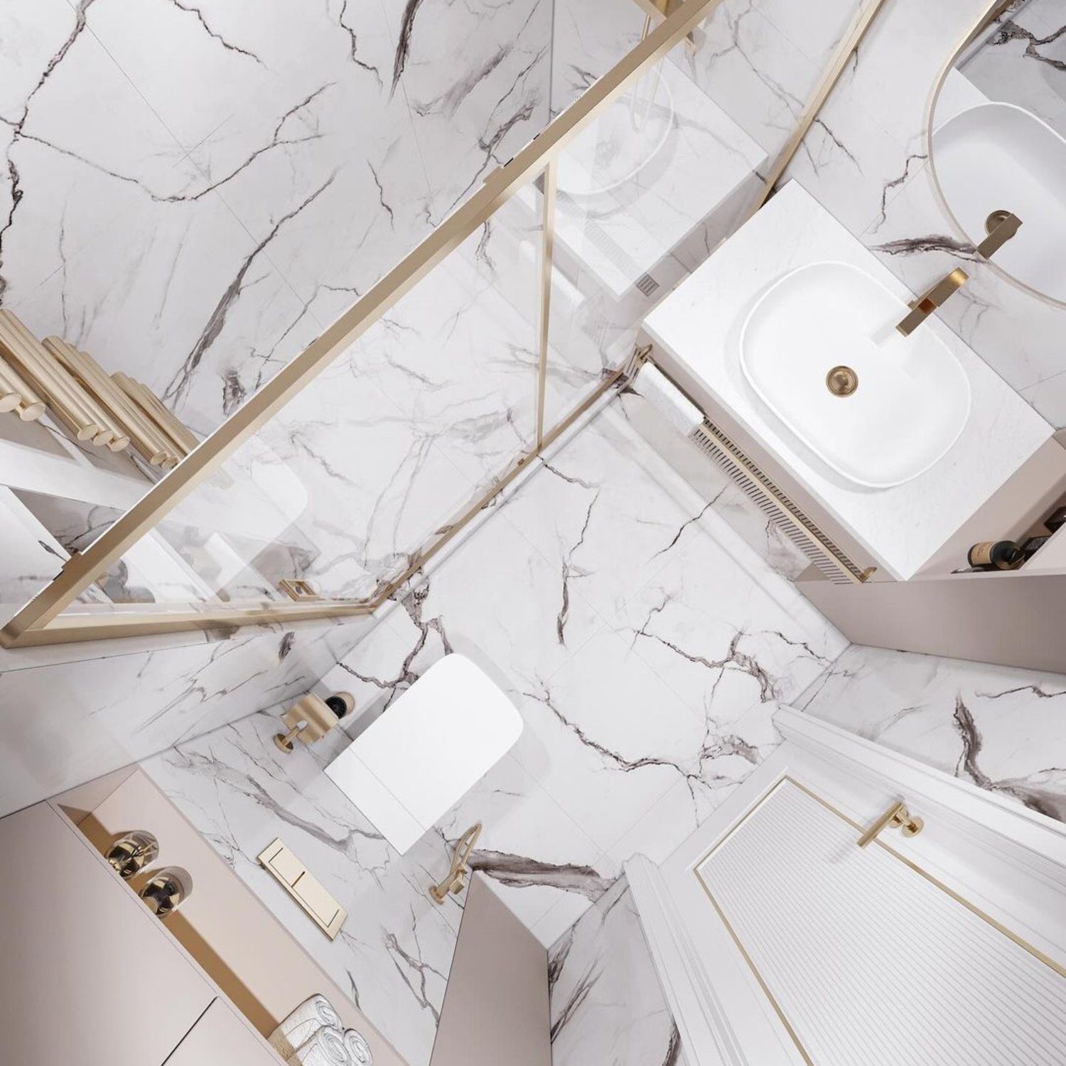 Elegant white marble bathroom design with gold fixtures