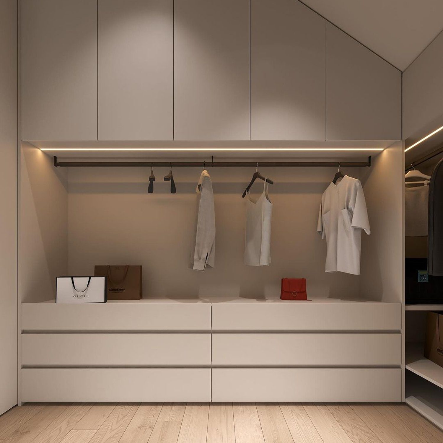 Elegantly designed minimalist walk-in closet with well-organized storage solutions