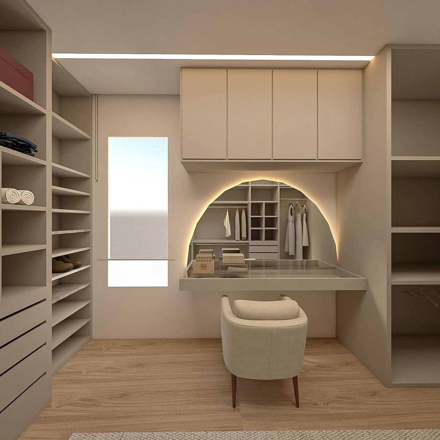 Elegantly designed walk-in closet with arch details