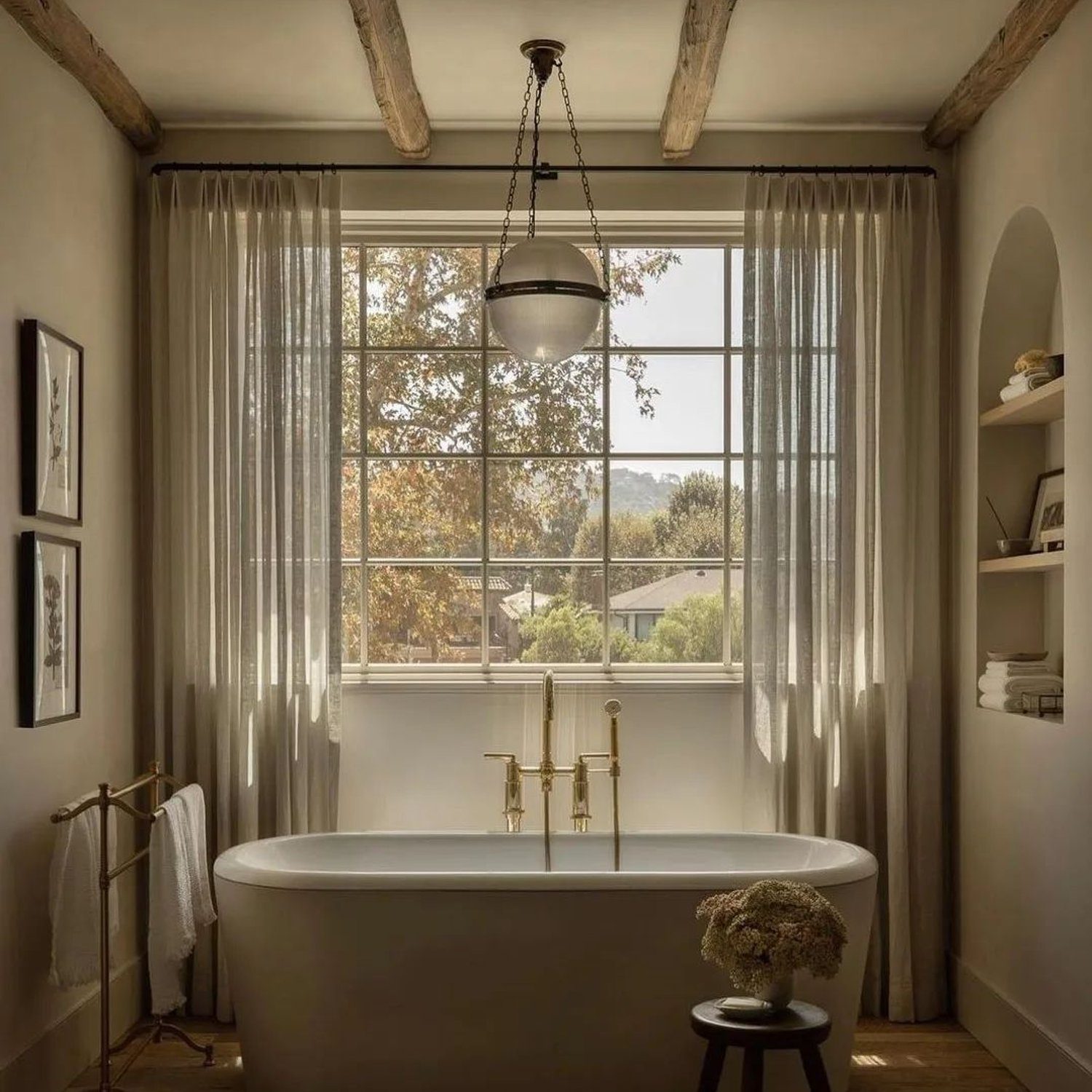 A serene bathroom oasis featuring exposed wooden beams