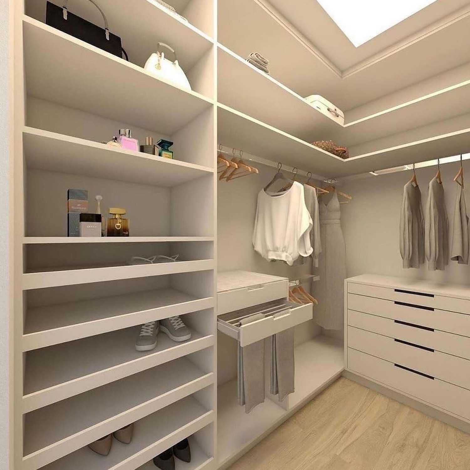 Elegantly organized walk-in closet featuring neutral tones