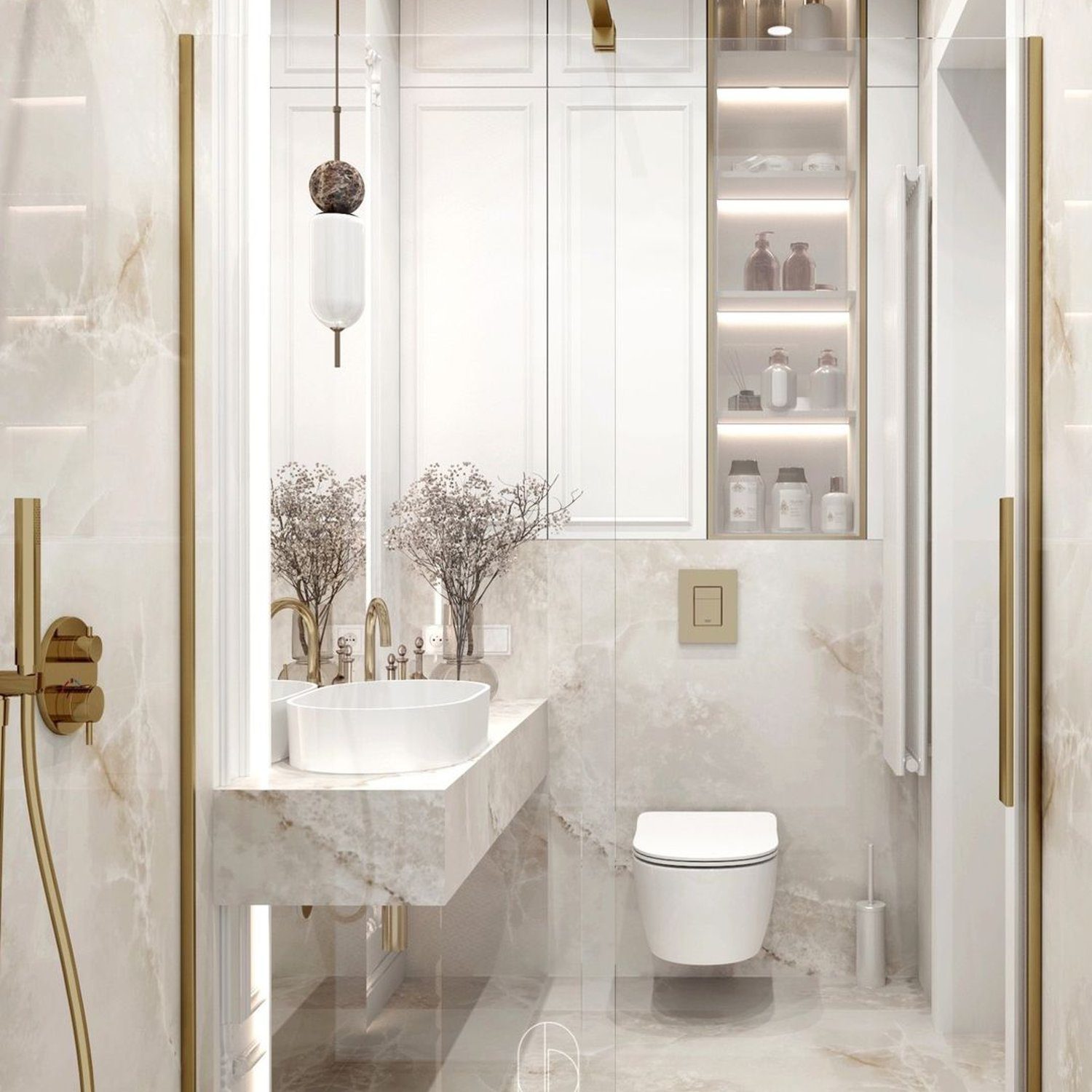 Elegant marble-themed bathroom with gold accents